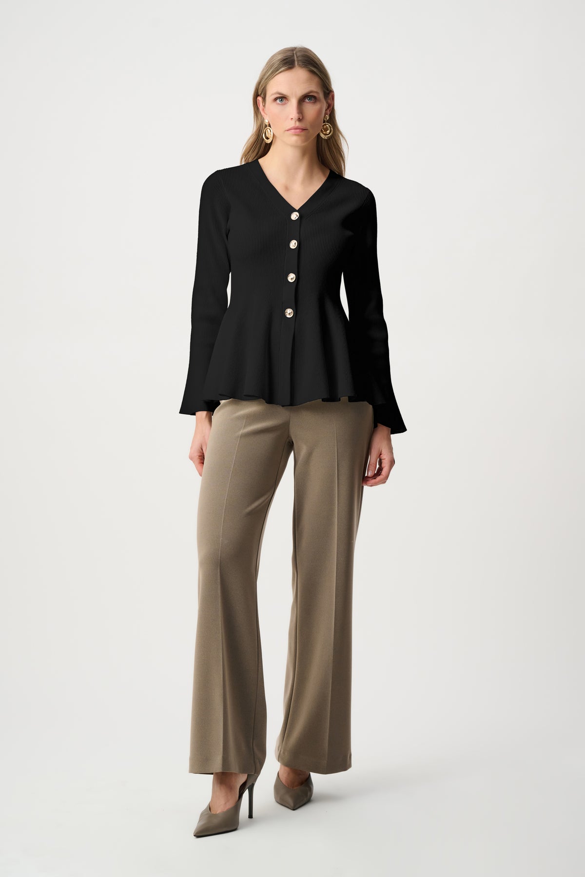 Joseph Ribkoff Black Cotton Knit Fit And Flare Peplum Cardigan