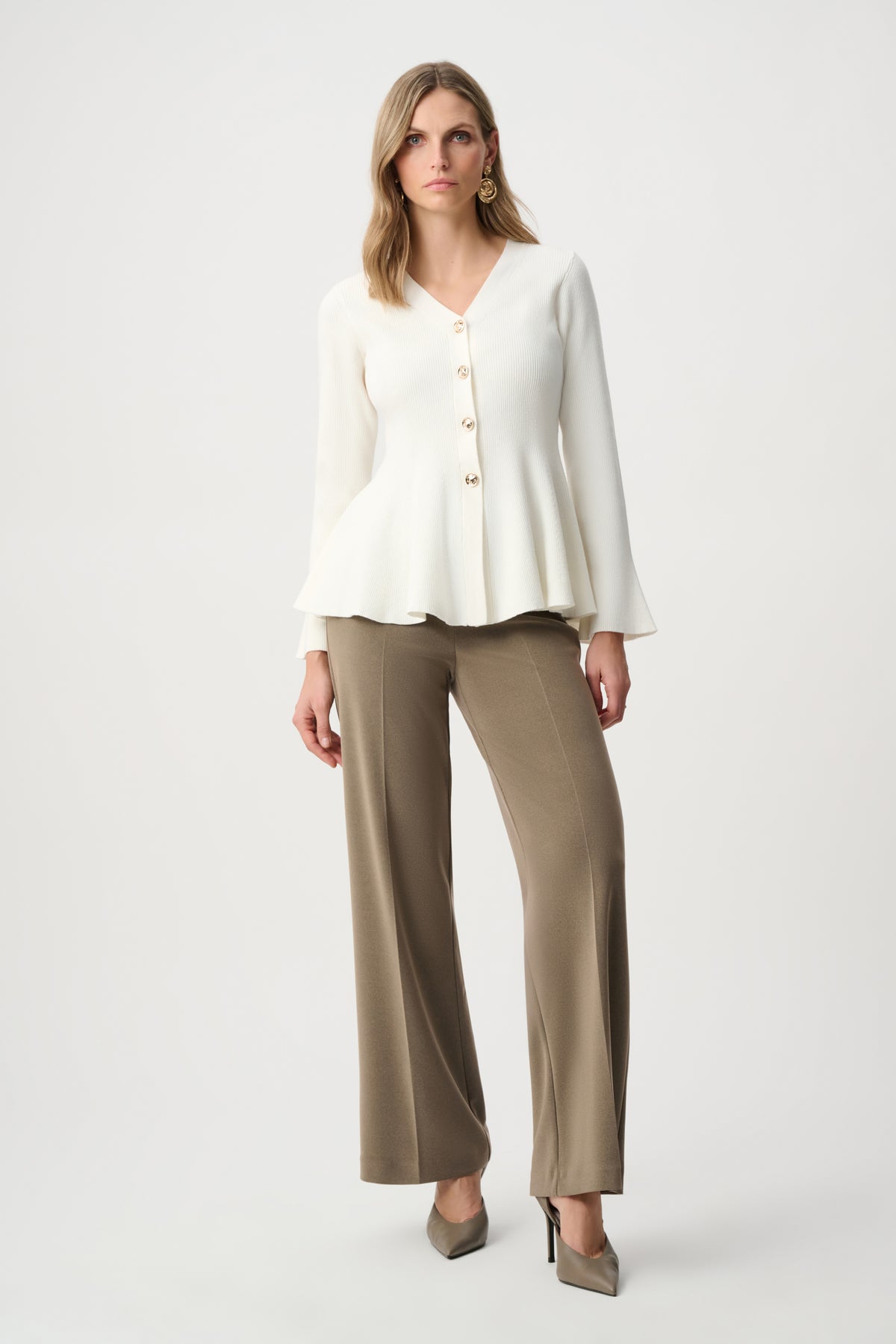 Joseph Ribkoff Winter White Cotton Knit Fit And Flare Peplum Cardigan