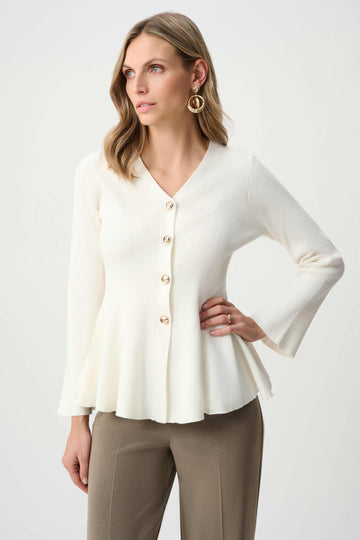 Joseph Ribkoff Winter White Cotton Knit Fit And Flare Peplum Cardigan