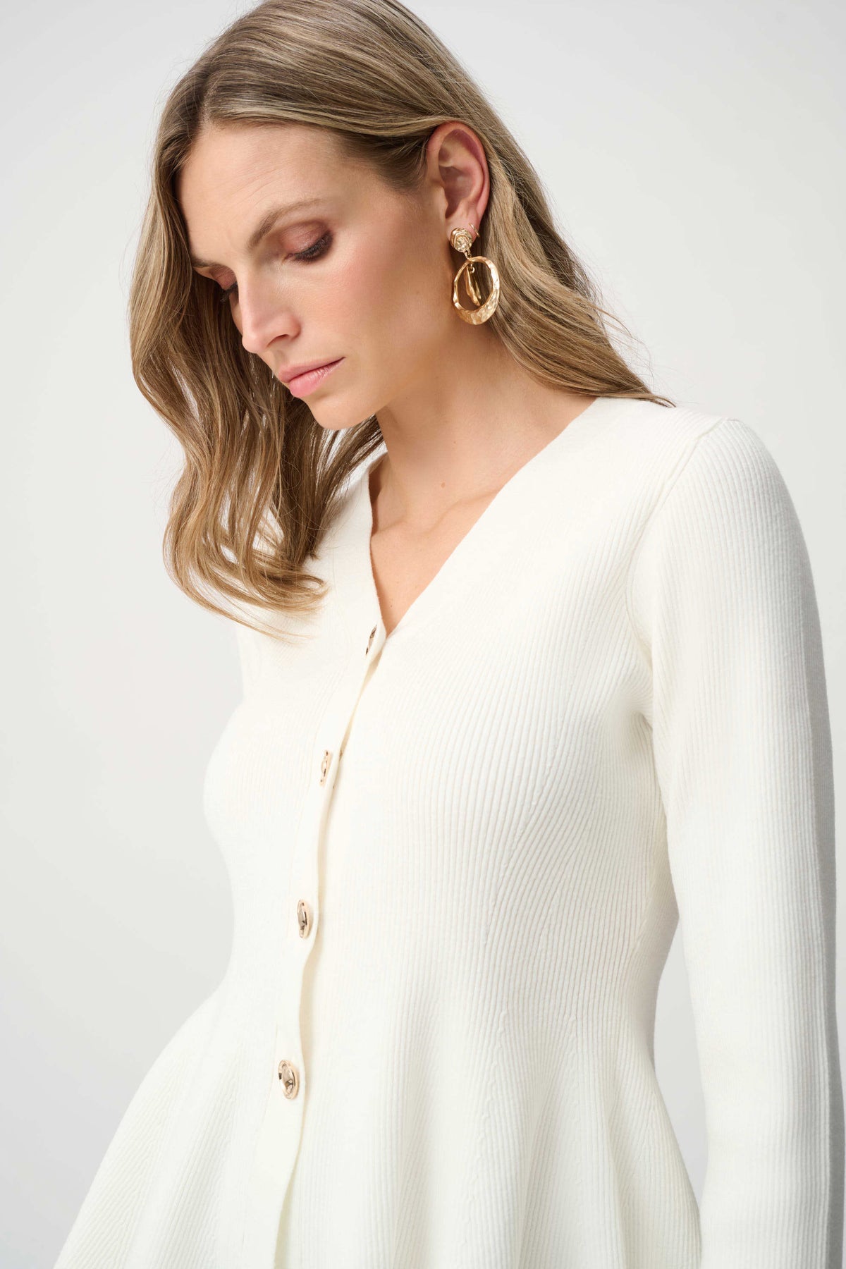Joseph Ribkoff Winter White Cotton Knit Fit And Flare Peplum Cardigan