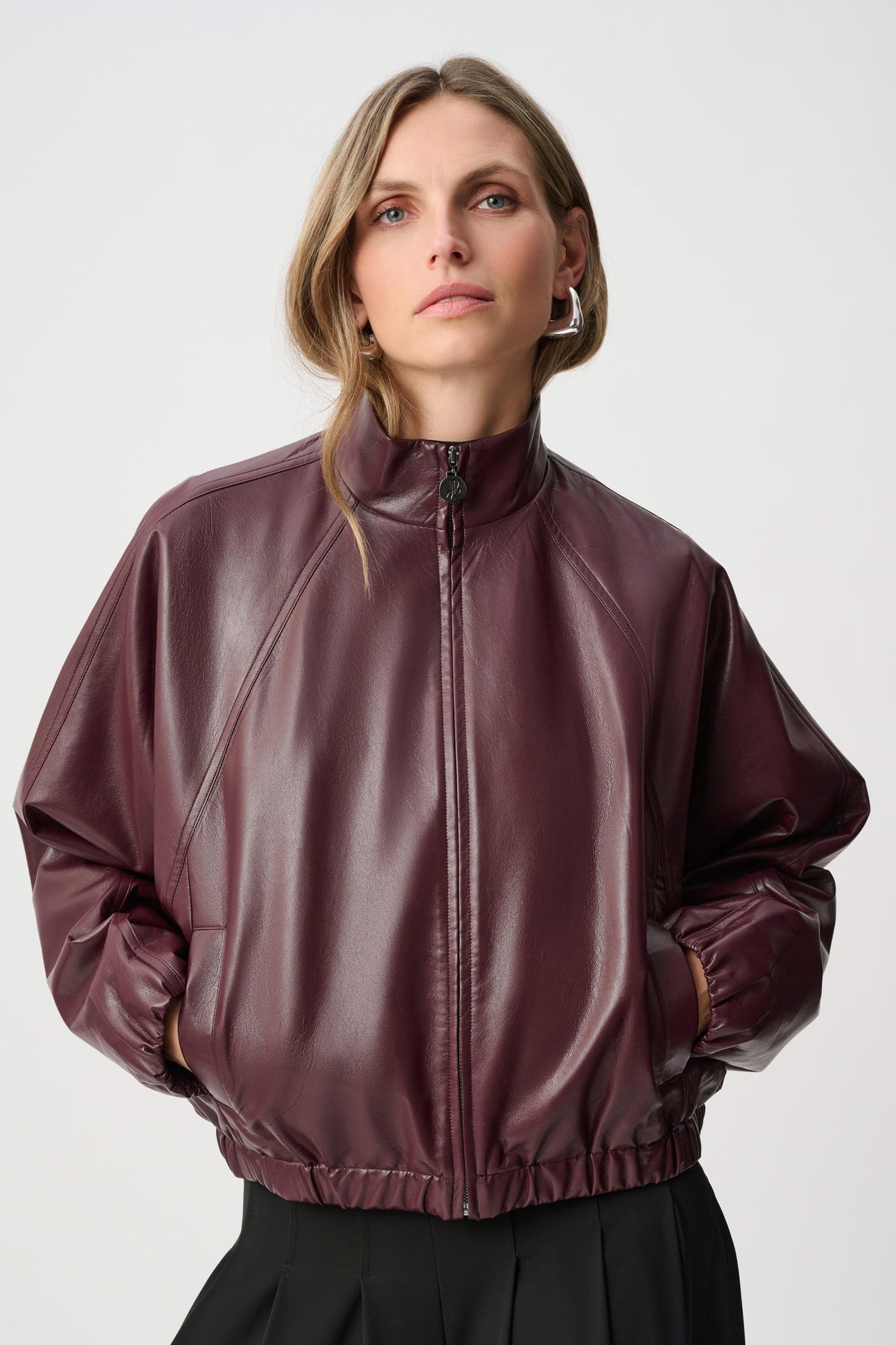Joseph Ribkoff Burgundy Leatherette Mock-Neck Bomber Jacket