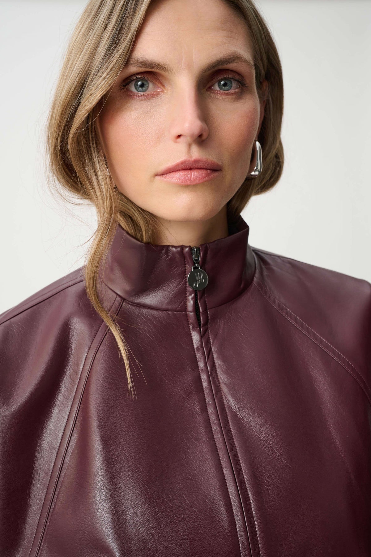 Joseph Ribkoff Burgundy Leatherette Mock-Neck Bomber Jacket