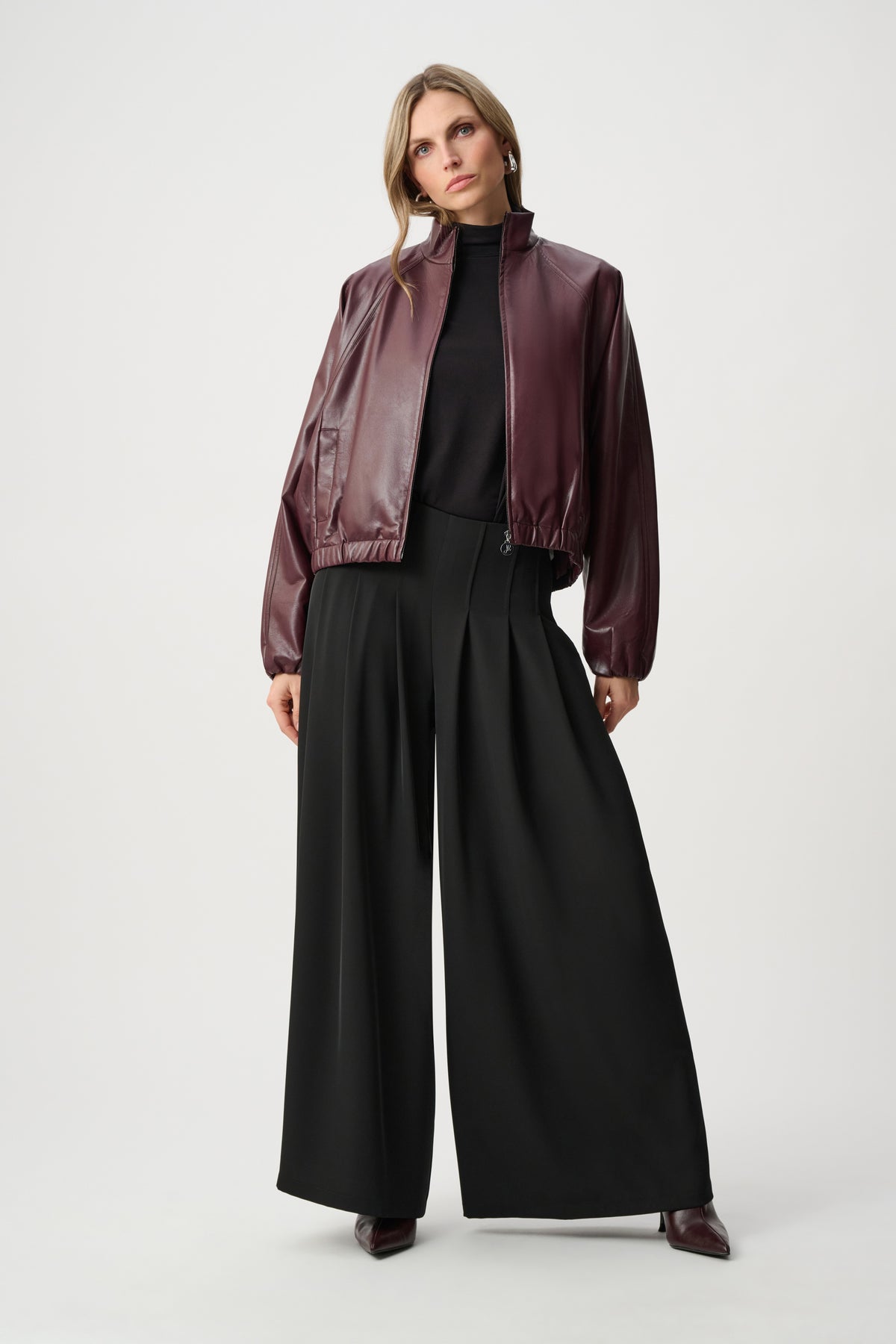 Joseph Ribkoff Burgundy Leatherette Mock-Neck Bomber Jacket