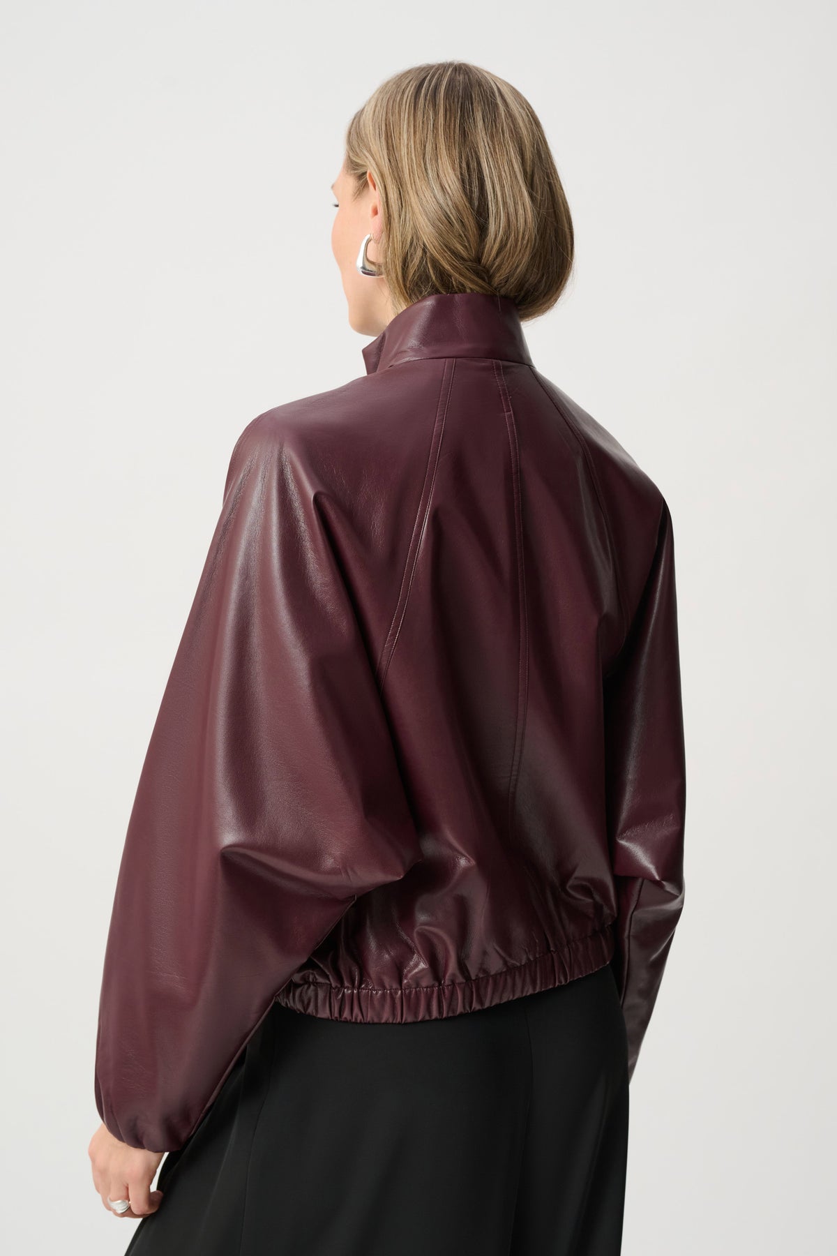 Joseph Ribkoff Burgundy Leatherette Mock-Neck Bomber Jacket