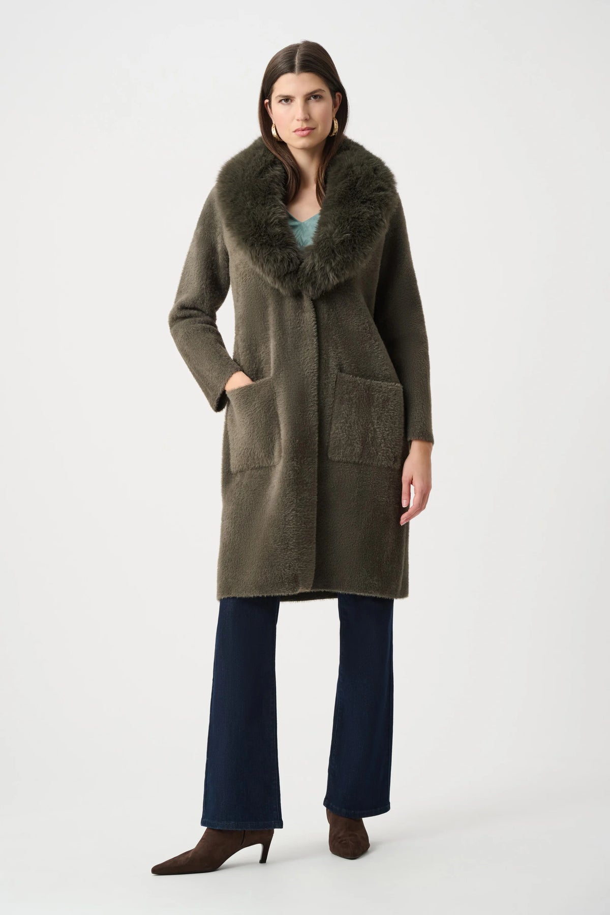 Joseph Ribkoff Avocado Feather Yarn Knit Coat With Detachable Faux Fur Collar