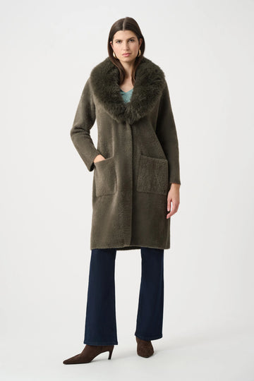 Joseph Ribkoff Avocado Feather Yarn Knit Coat With Detachable Faux Fur Collar