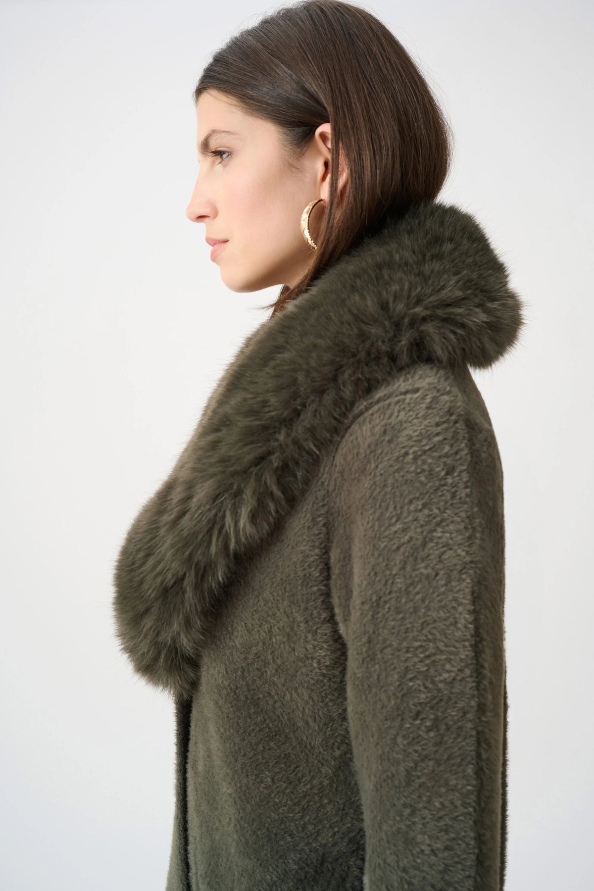 Joseph Ribkoff Avocado Feather Yarn Knit Coat With Detachable Faux Fur Collar