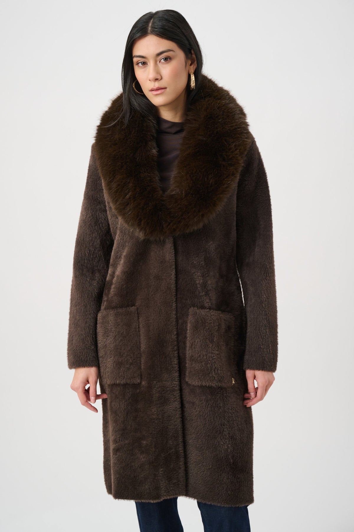 Joseph Ribkoff Mocha Feather Yarn Knit Coat With Detachable Faux Fur Collar