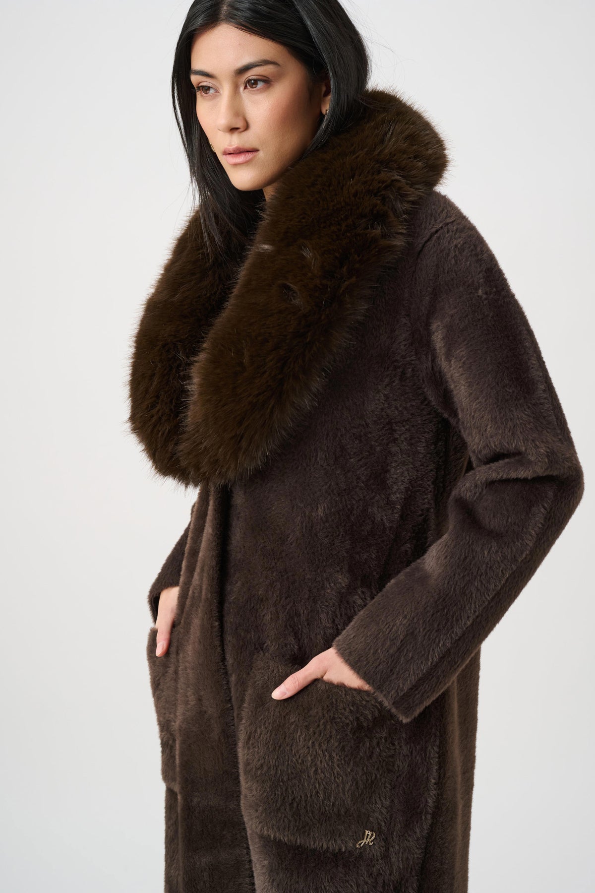 Joseph Ribkoff Mocha Feather Yarn Knit Coat With Detachable Faux Fur Collar