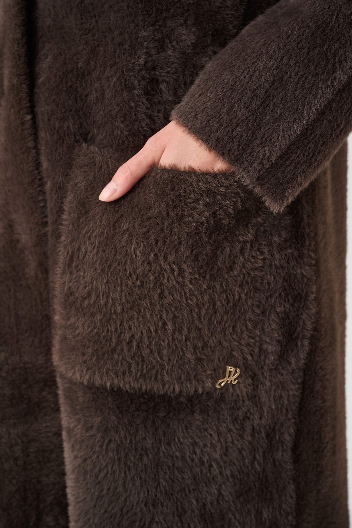 Joseph Ribkoff Mocha Feather Yarn Knit Coat With Detachable Faux Fur Collar