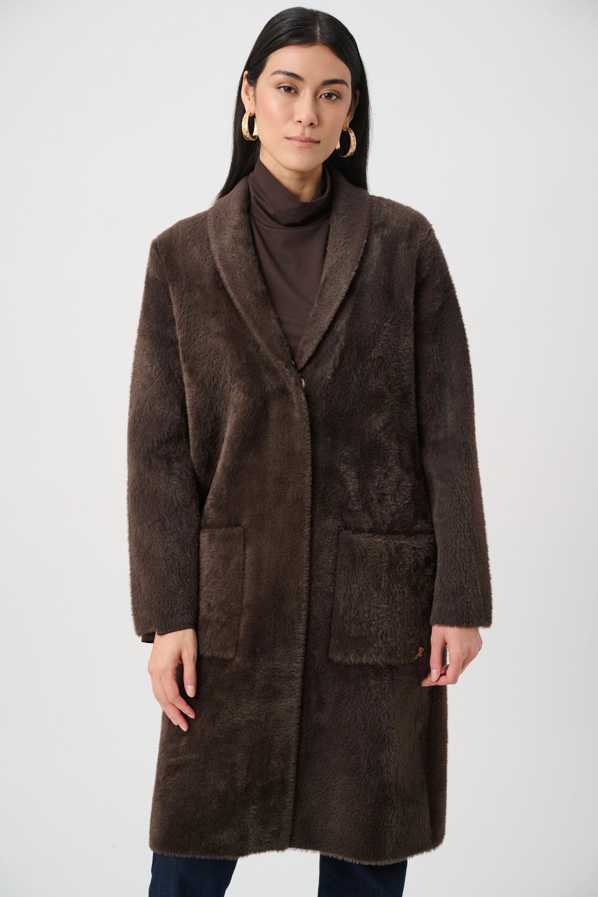 Joseph Ribkoff Mocha Feather Yarn Knit Coat With Detachable Faux Fur Collar