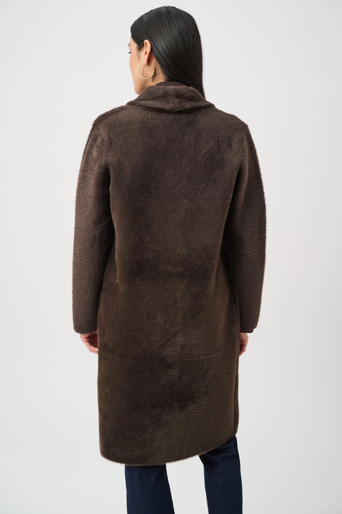 Joseph Ribkoff Mocha Feather Yarn Knit Coat With Detachable Faux Fur Collar