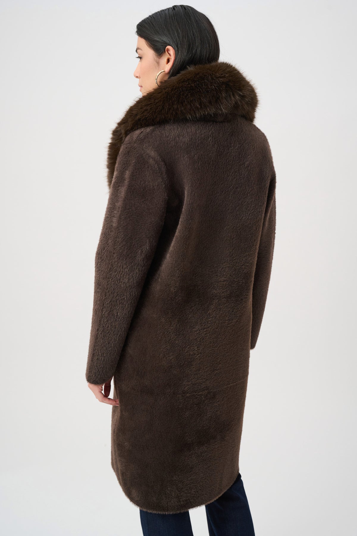 Joseph Ribkoff Mocha Feather Yarn Knit Coat With Detachable Faux Fur Collar
