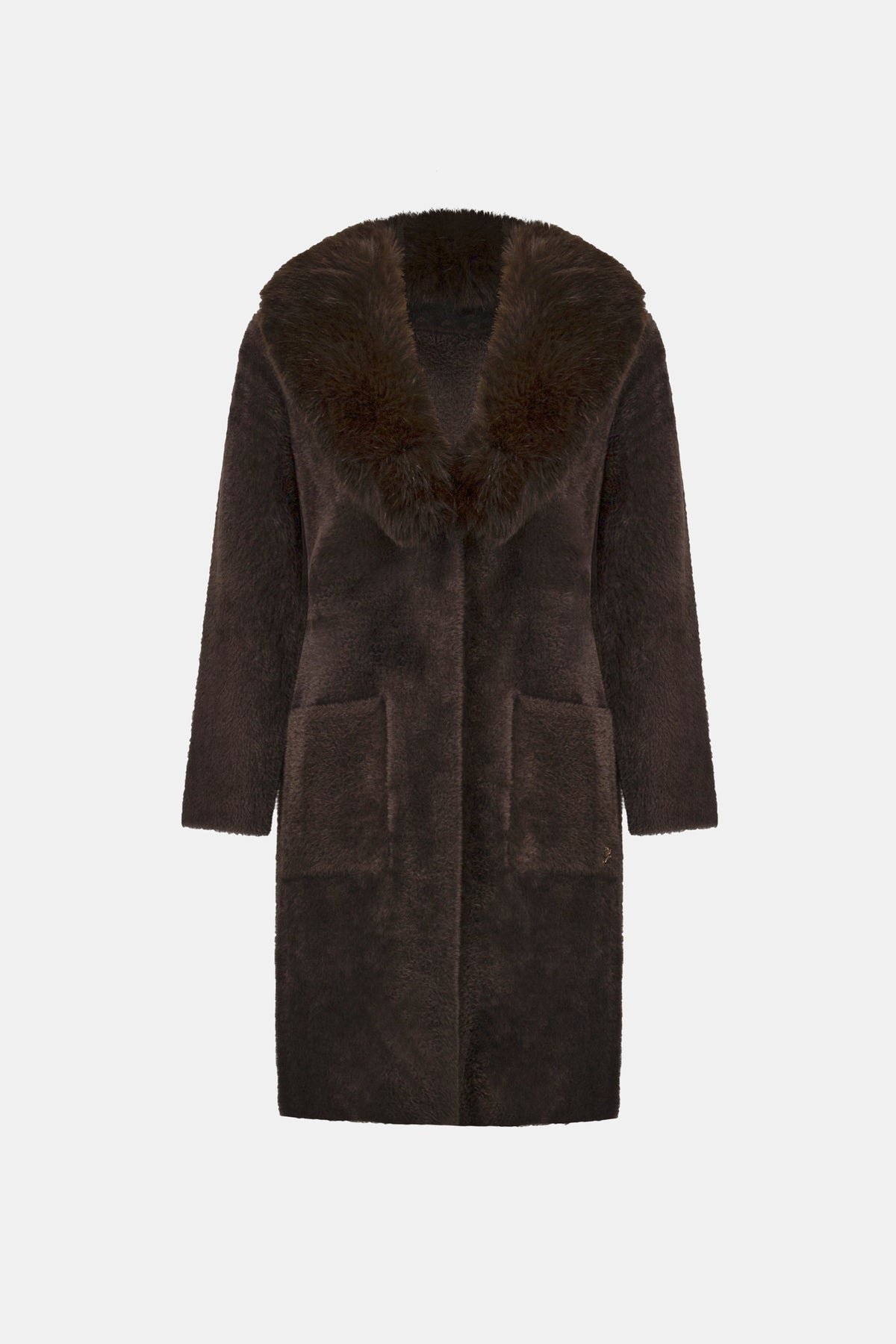 Joseph Ribkoff Mocha Feather Yarn Knit Coat With Detachable Faux Fur Collar