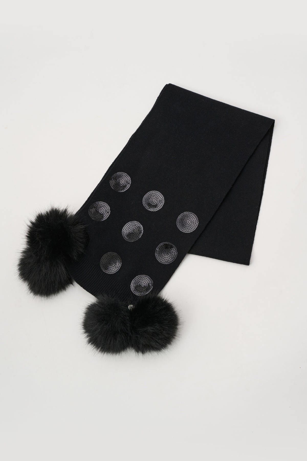 Joseph Ribkoff Black Knit Scarf With Pompoms And Sequins