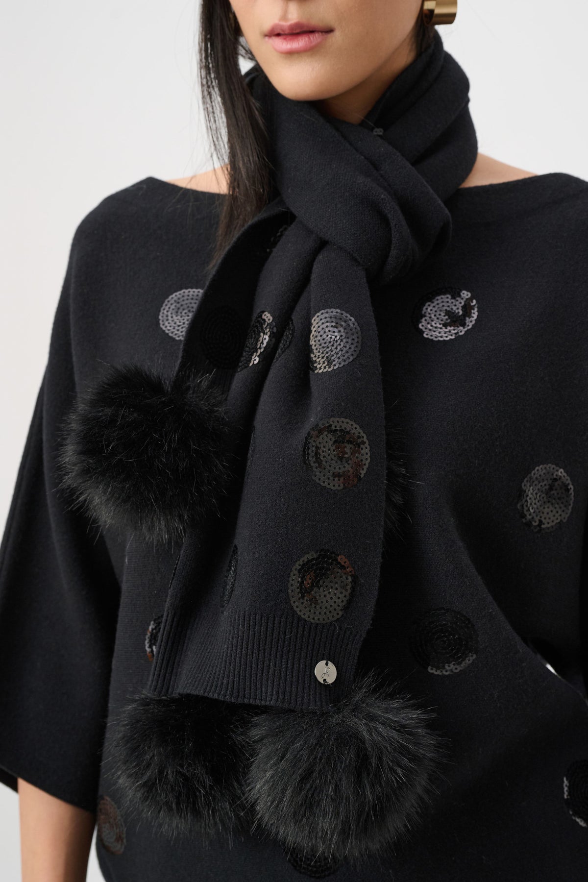 Joseph Ribkoff Black Knit Scarf With Pompoms And Sequins