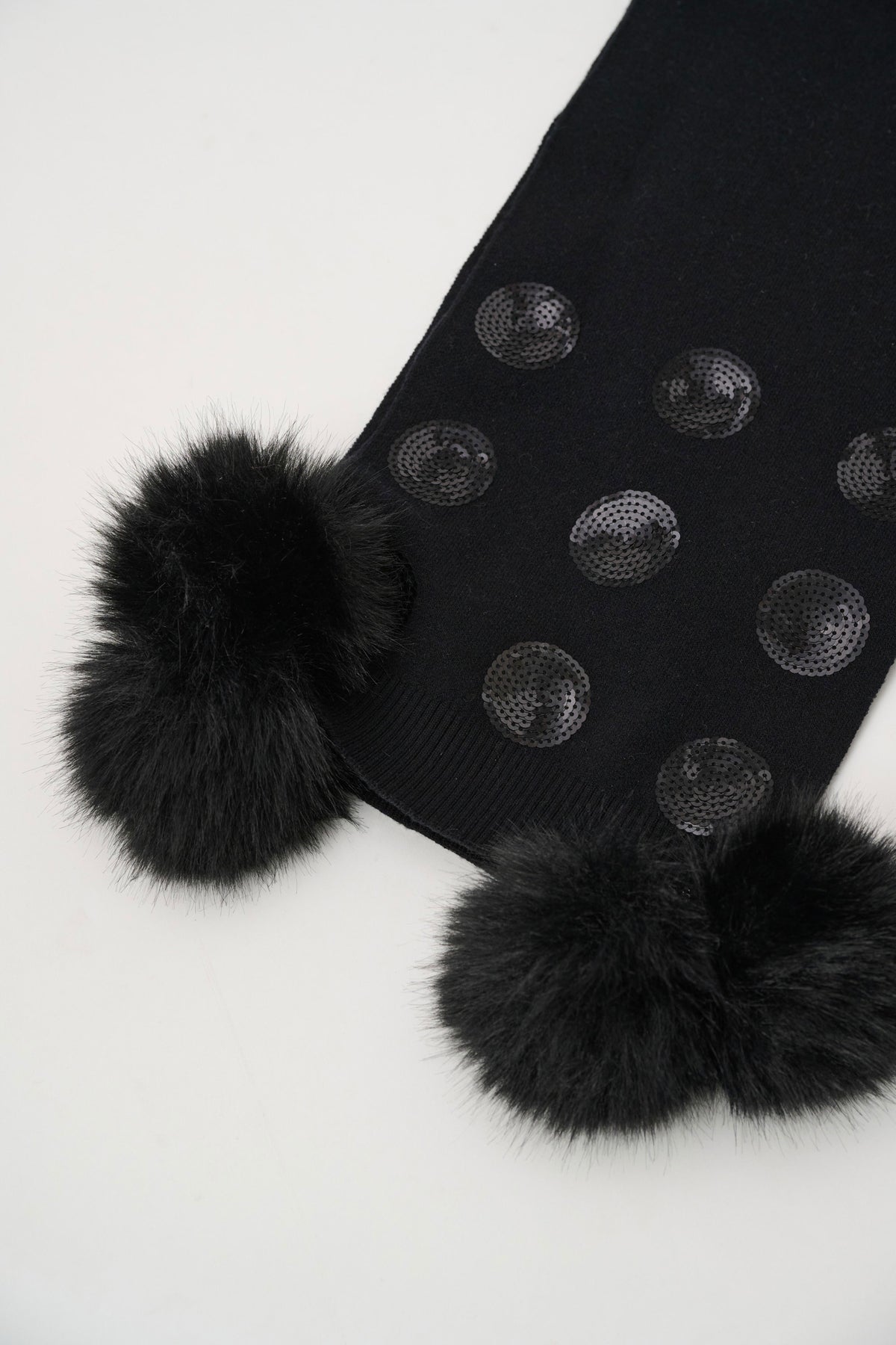 Joseph Ribkoff Black Knit Scarf With Pompoms And Sequins