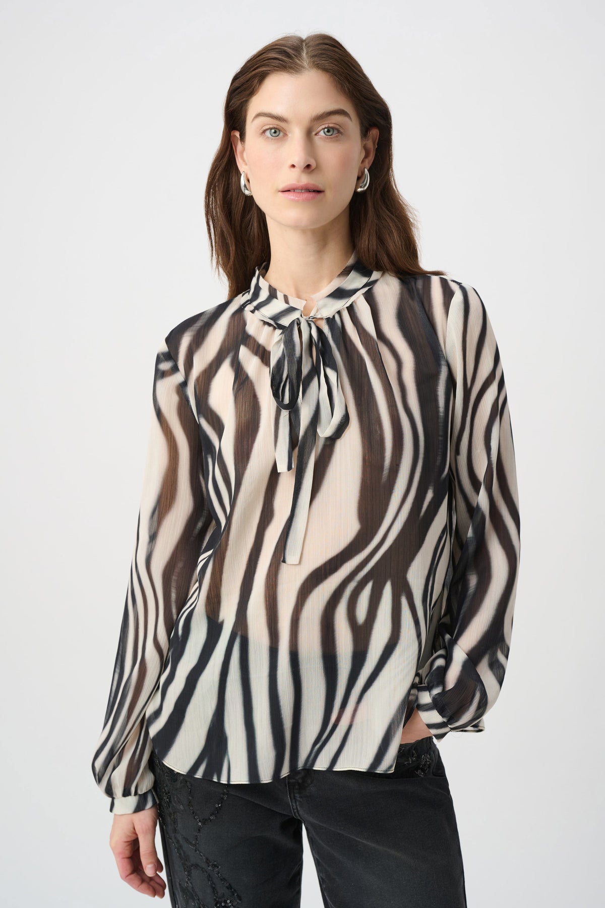 Joseph Ribkoff Off White/Black Animal Print Chiffon Tie-Neck Blouse