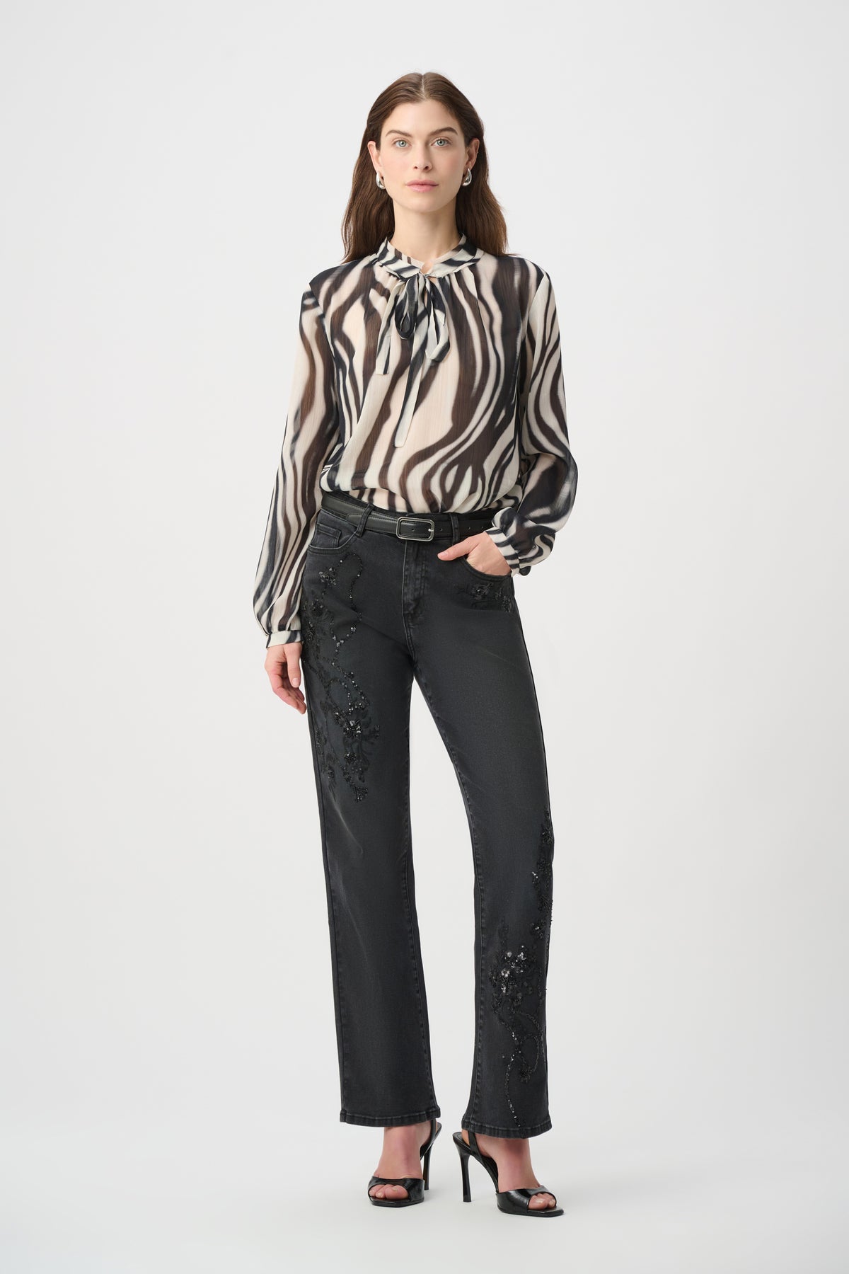 Joseph Ribkoff Off White/Black Animal Print Chiffon Tie-Neck Blouse