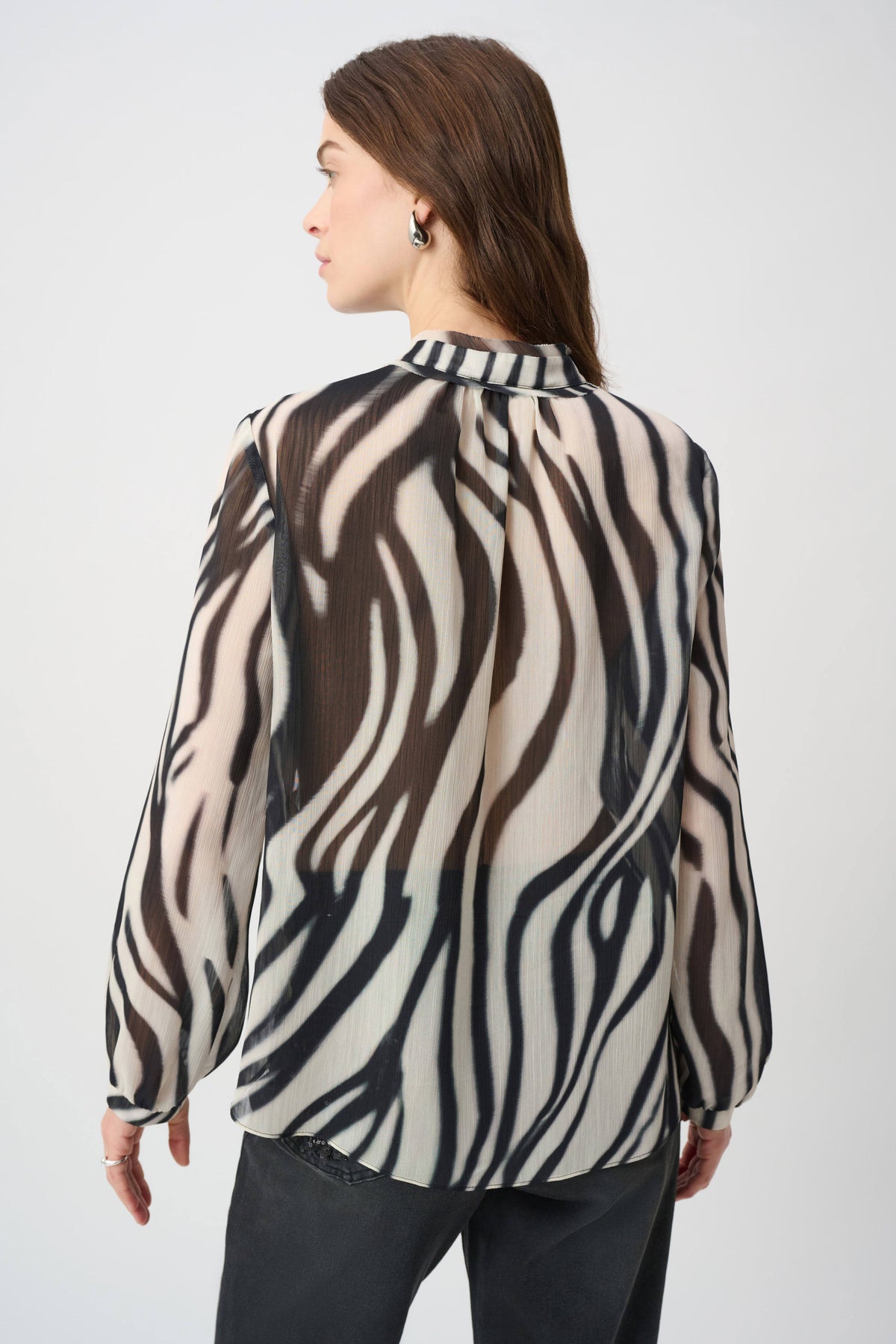 Joseph Ribkoff Off White/Black Animal Print Chiffon Tie-Neck Blouse