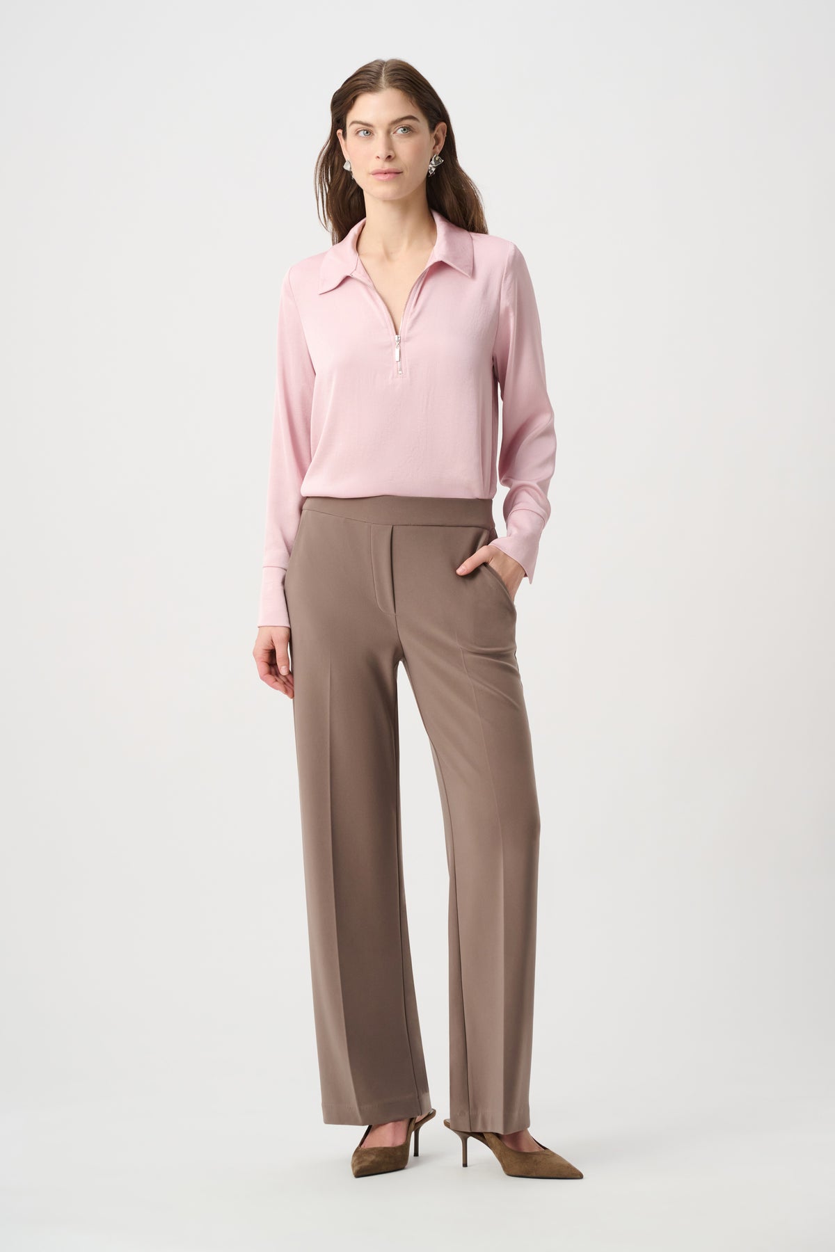 Joseph Ribkoff Soft Blush Recycled Satin Shirt collar Top