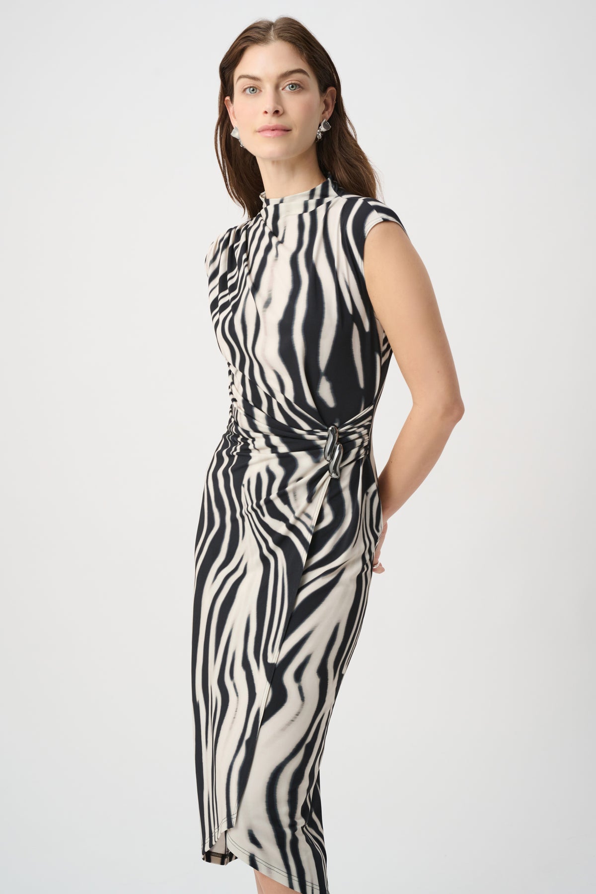 Joseph Ribkoff Black/Off White Animal Print Wrap Dress