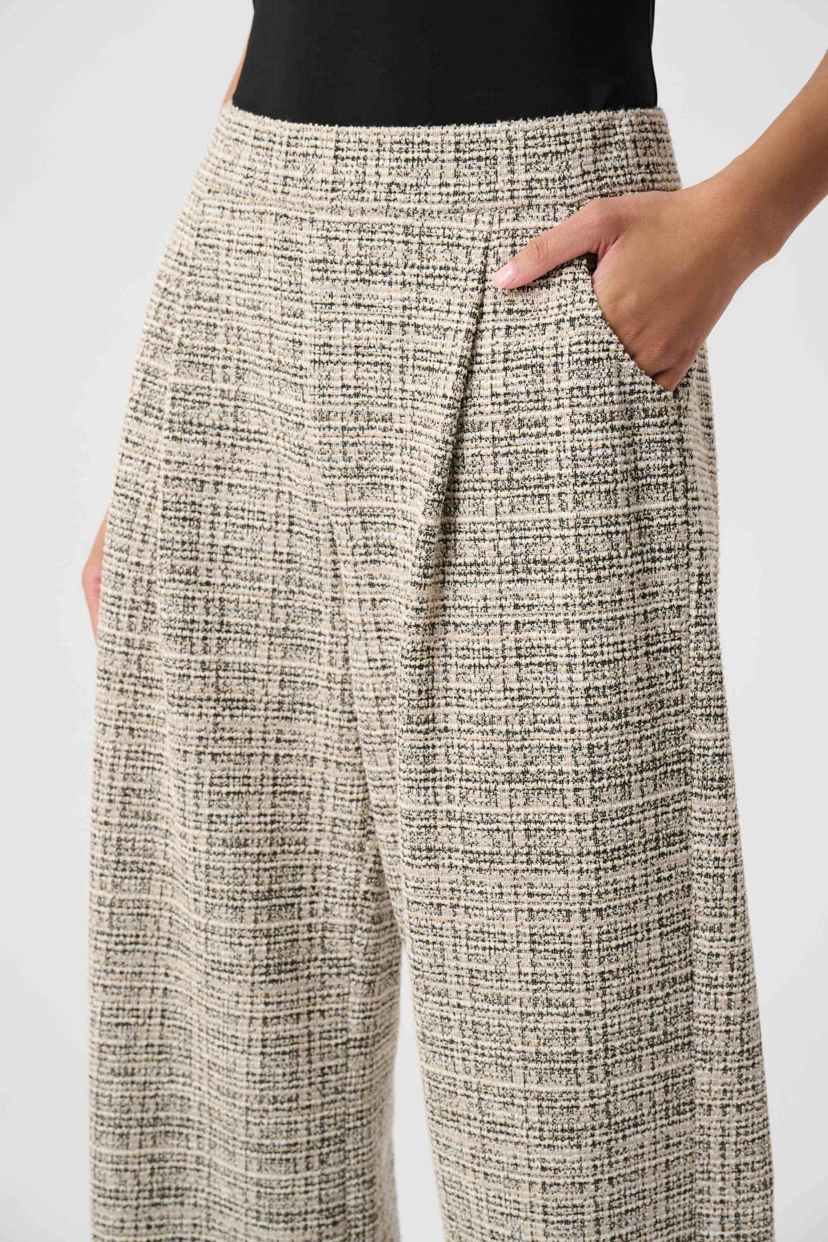 Joseph Ribkoff Beige/Multi Plaid Boucle Wide-Leg Pants