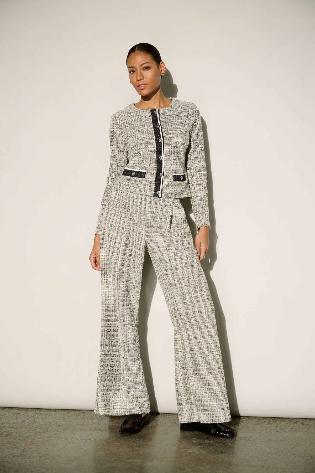 Joseph Ribkoff Beige/Multi Plaid Boucle Wide-Leg Pants