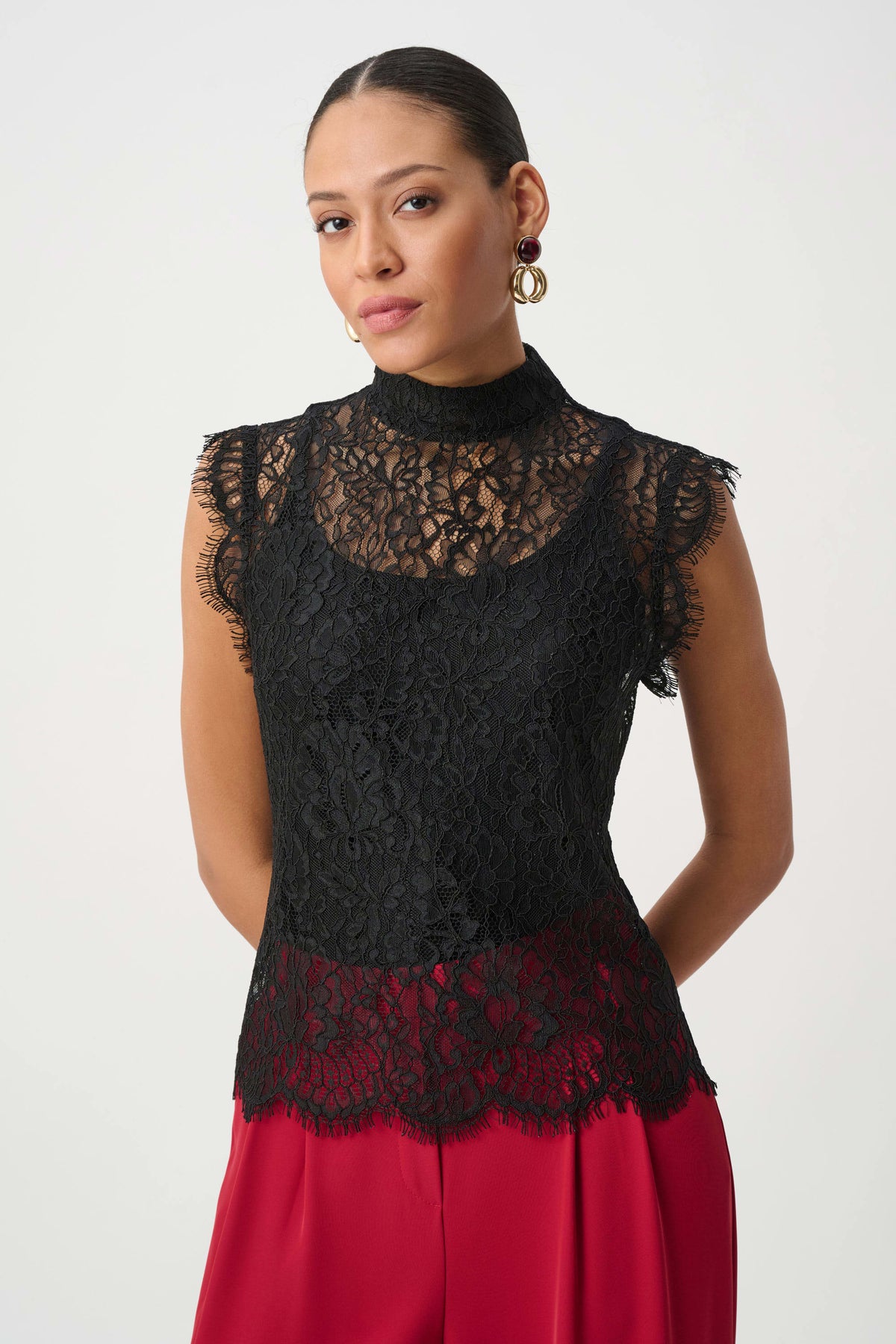 Joseph Ribkoff Black Lace Mock Neck Fitted Top