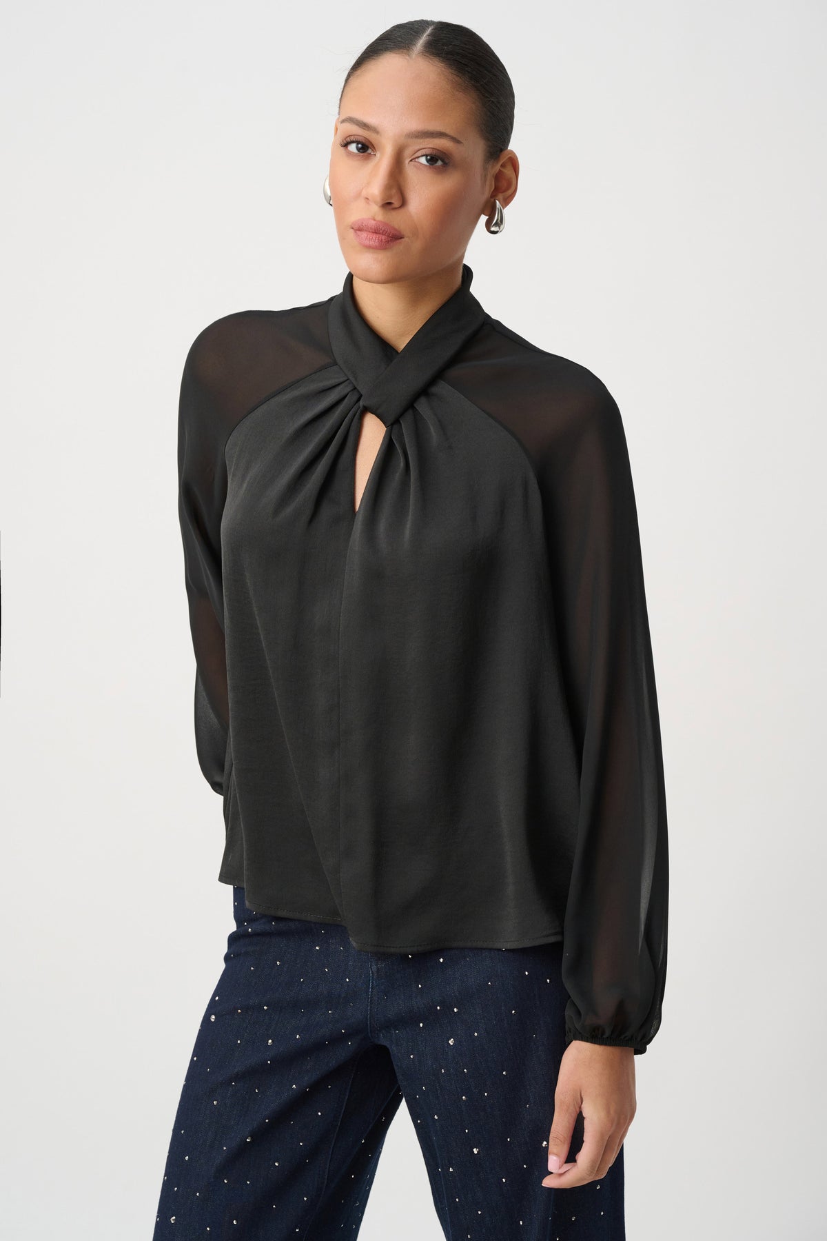 Joseph Ribkoff Black Satin Top With Chiffon Sleeves