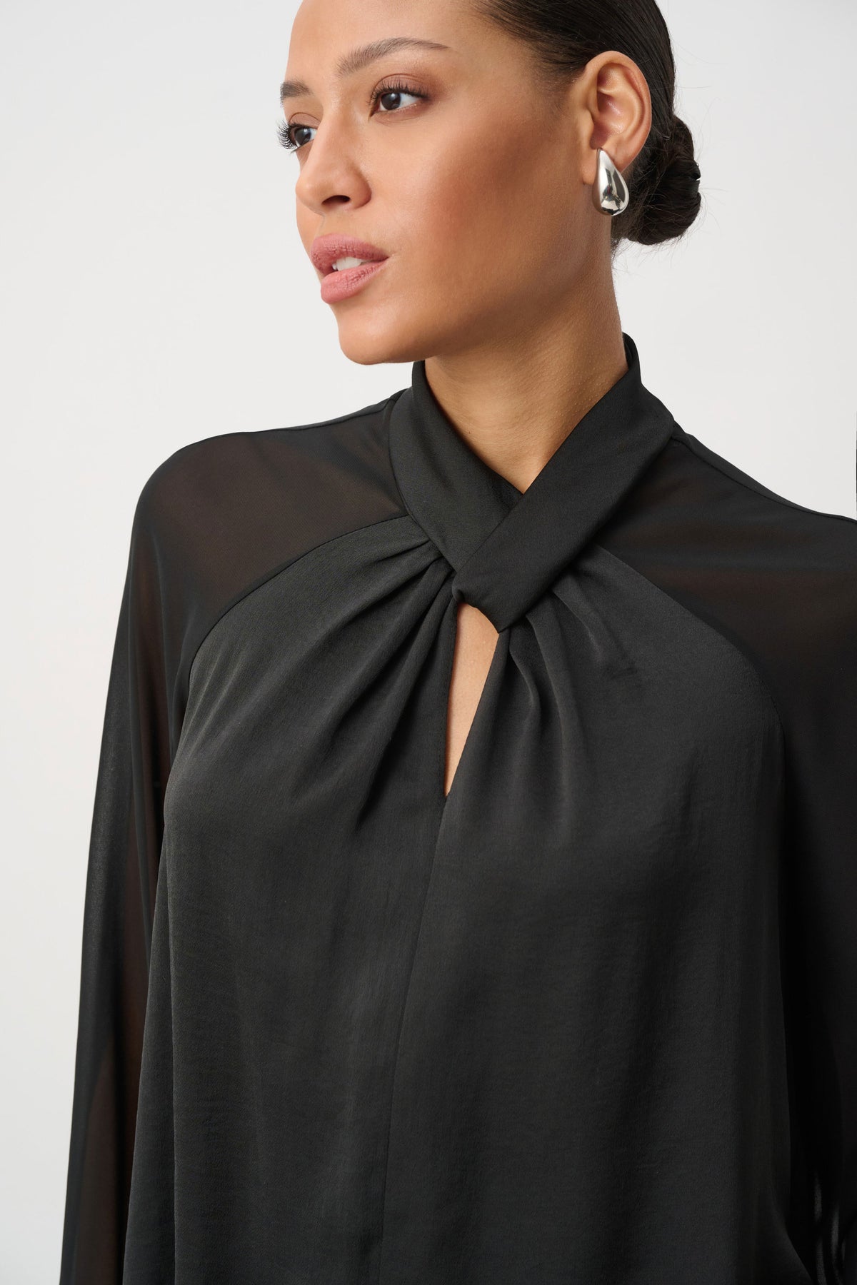 Joseph Ribkoff Black Satin Top With Chiffon Sleeves