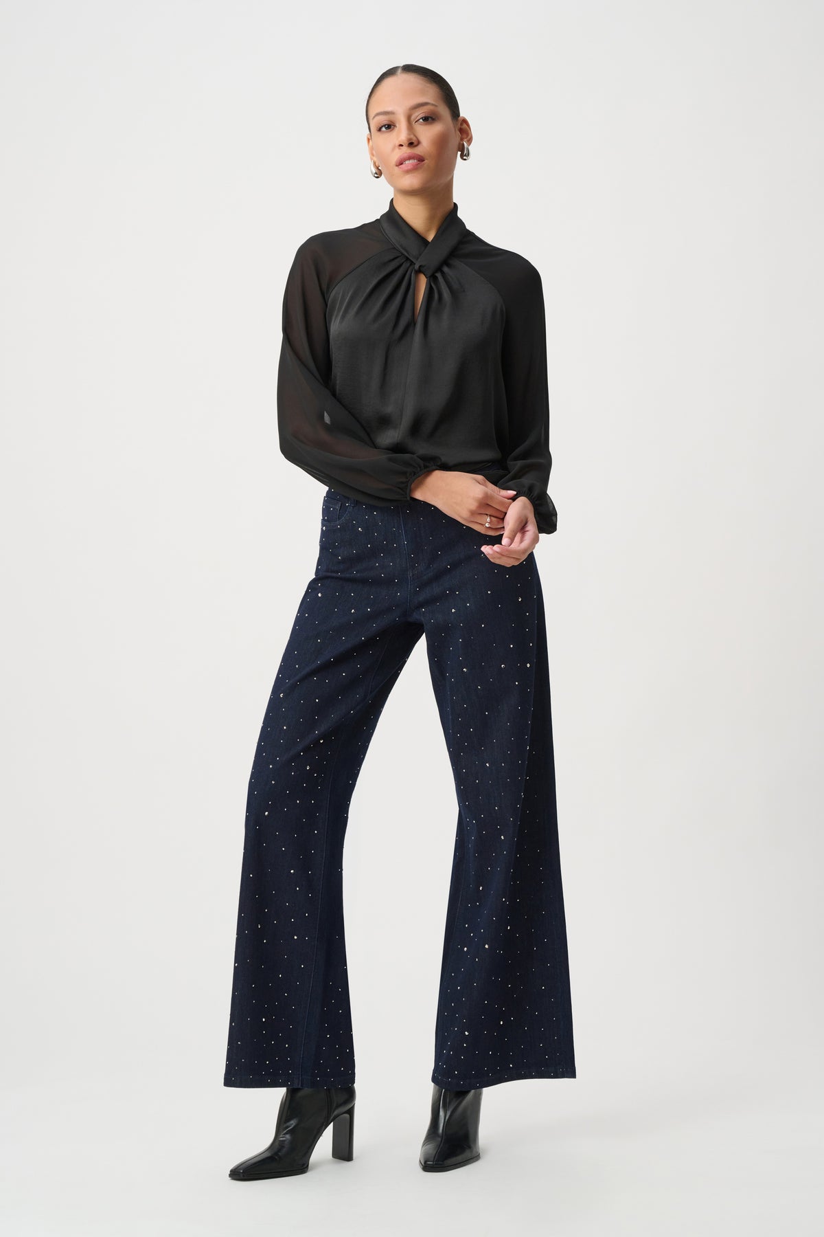Joseph Ribkoff Black Satin Top With Chiffon Sleeves