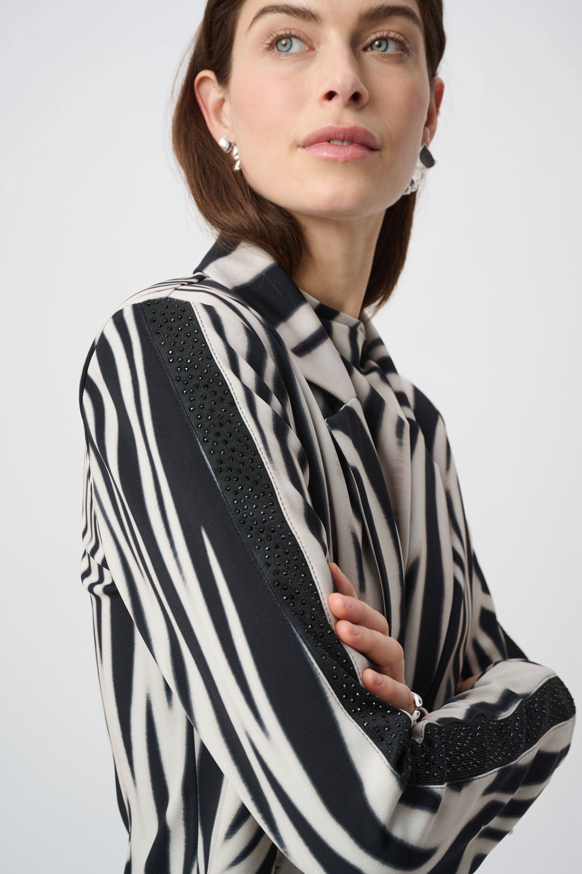 Joseph Ribkoff Black/Off White Animal Print Blazer With Rhinestone