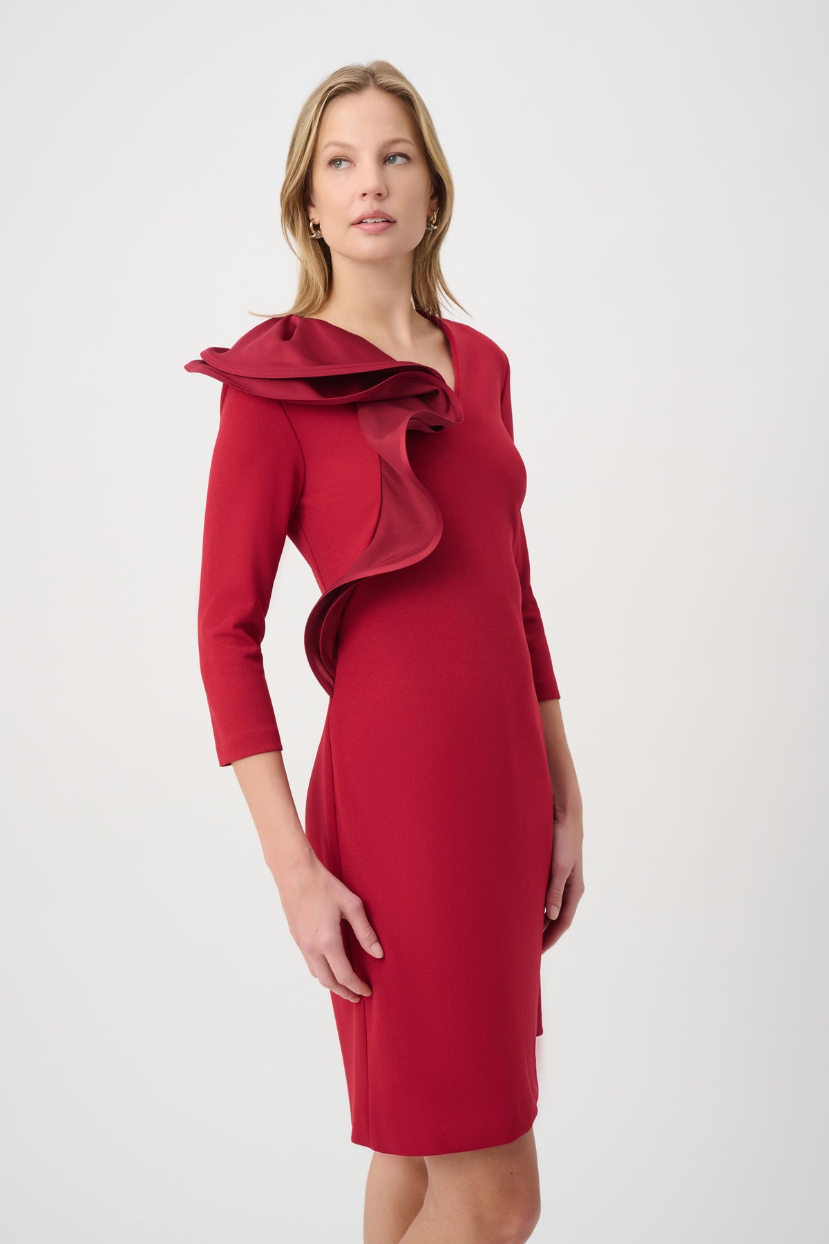 Joseph Ribkoff Deep Cherry Statement Ruffle A-Line Dress