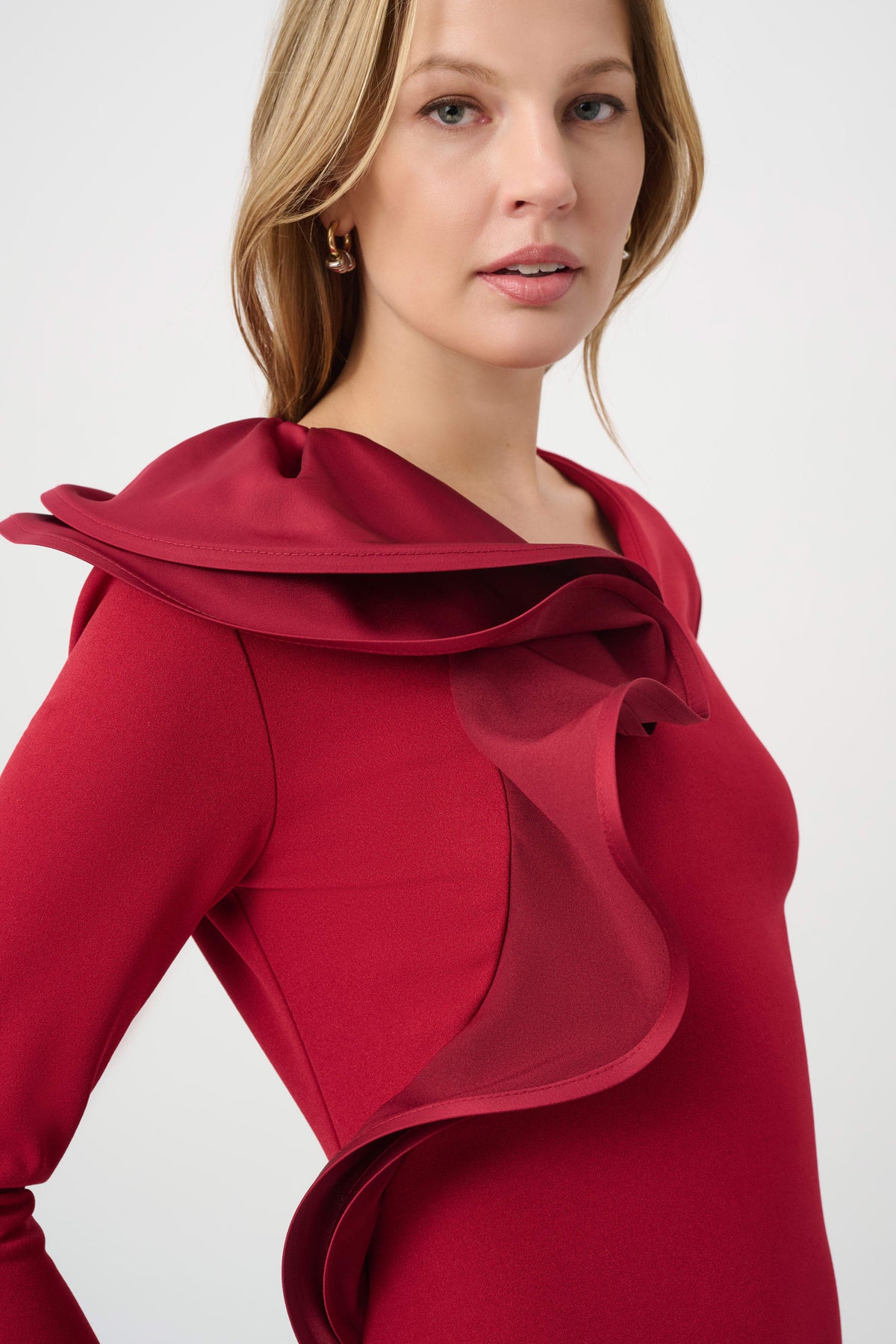 Joseph Ribkoff Deep Cherry Statement Ruffle A-Line Dress
