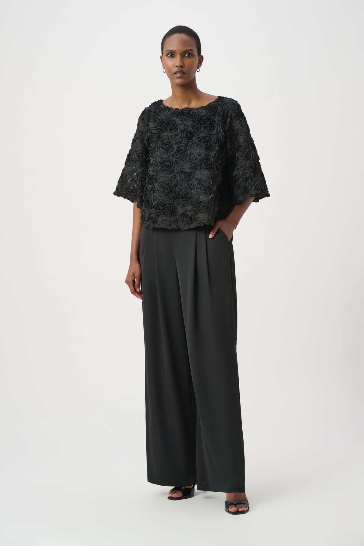 Joseph Ribkoff Black Textured Floral Boxy Top
