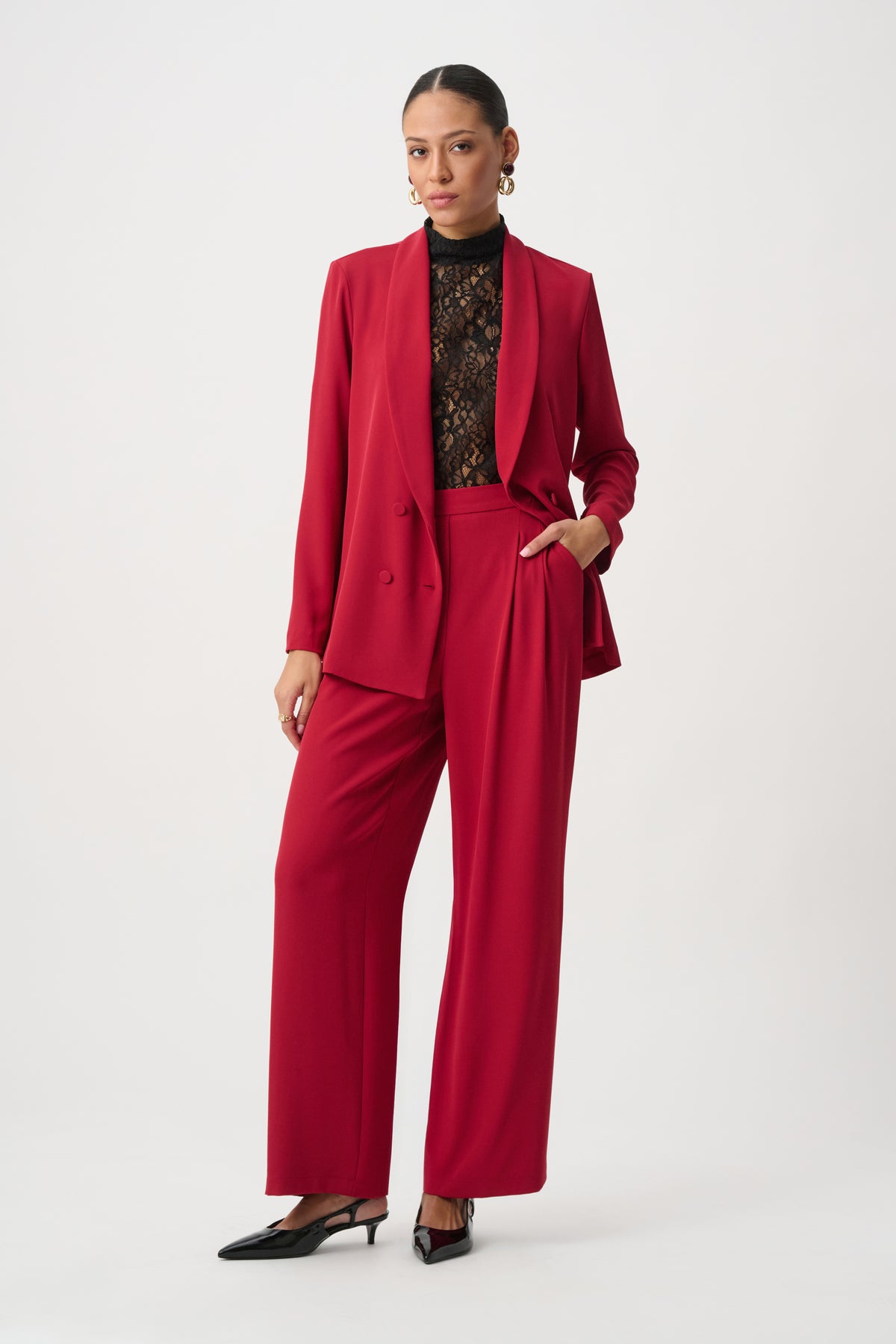Joseph Ribkoff Deep Cherry Front-Pleated Wide-Leg Pants