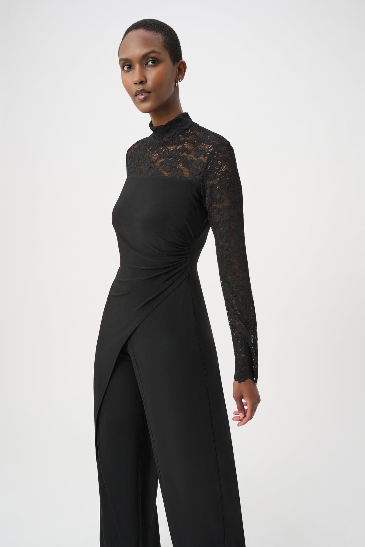 Joseph Ribkoff Black Sheer Lace Sleeve Wide-Leg Jumpsuit