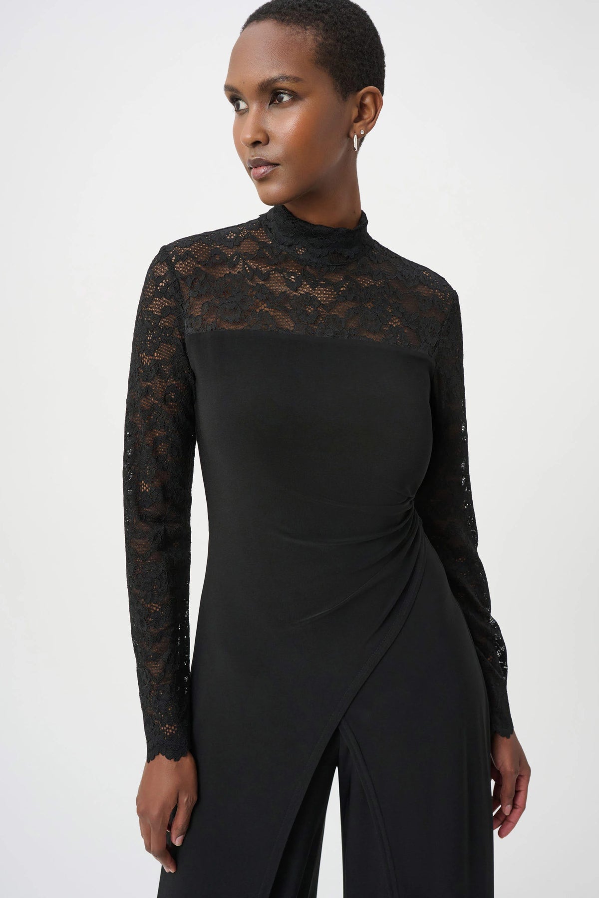 Joseph Ribkoff Black Sheer Lace Sleeve Wide-Leg Jumpsuit