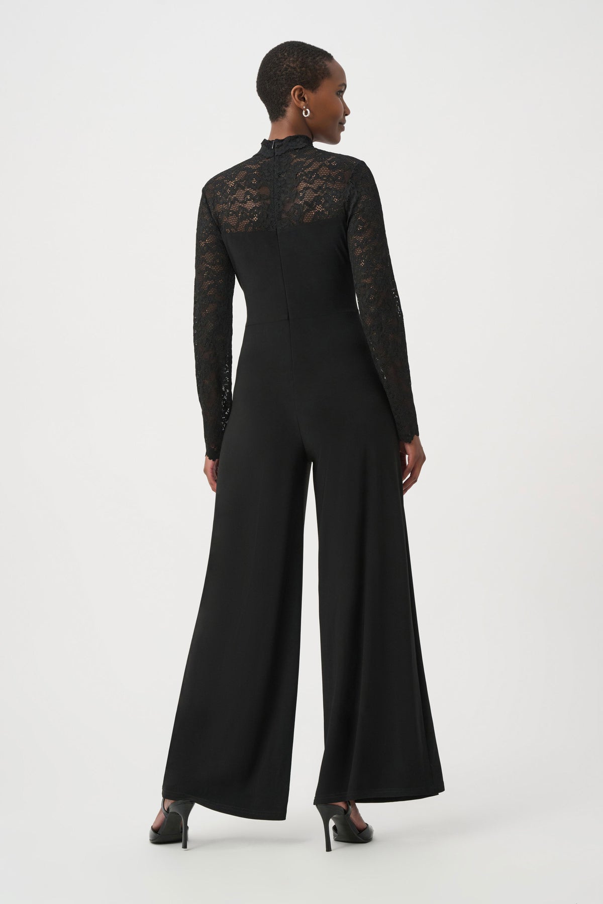 Joseph Ribkoff Black Sheer Lace Sleeve Wide-Leg Jumpsuit