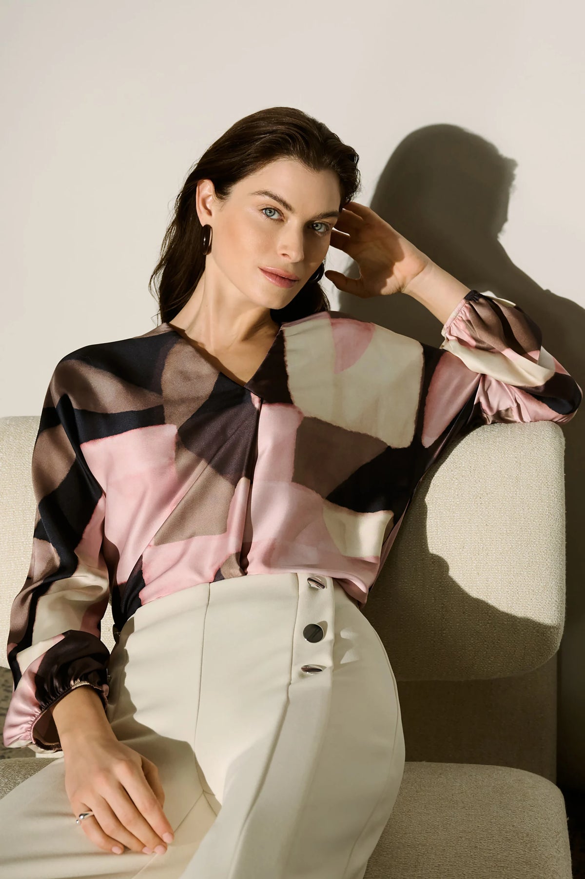 Joseph Ribkoff Black/Multi Geometric Print Recycled Satin Top