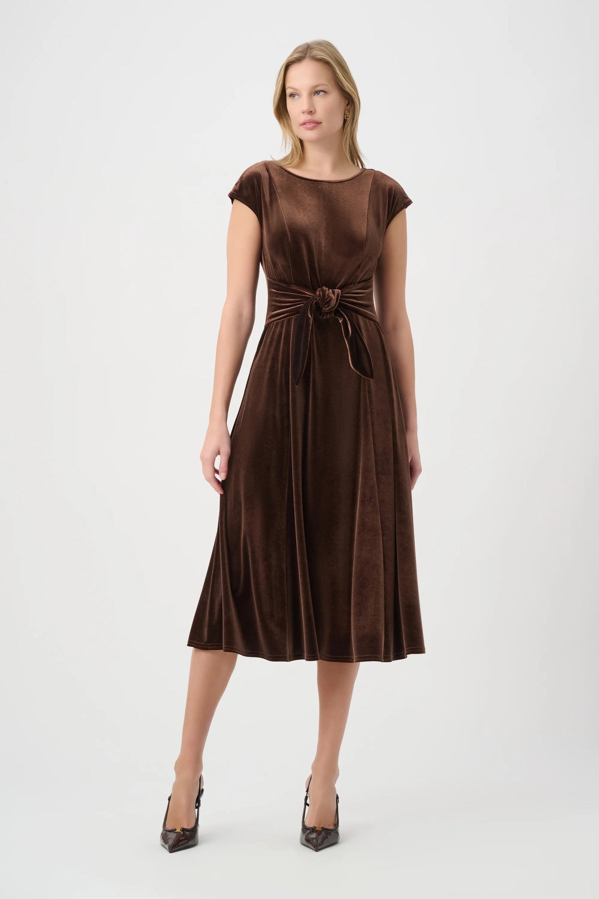 Joseph Ribkoff Mahogany Velvet Fit &amp; Flare Belted Dress