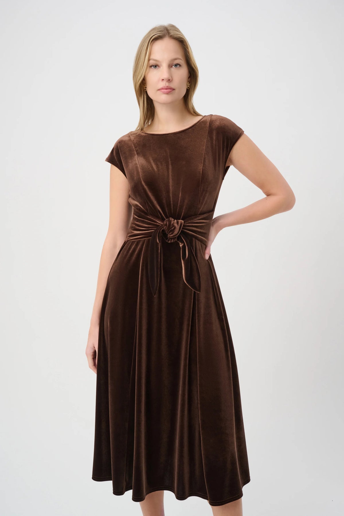 Joseph Ribkoff Mahogany Velvet Fit &amp; Flare Belted Dress