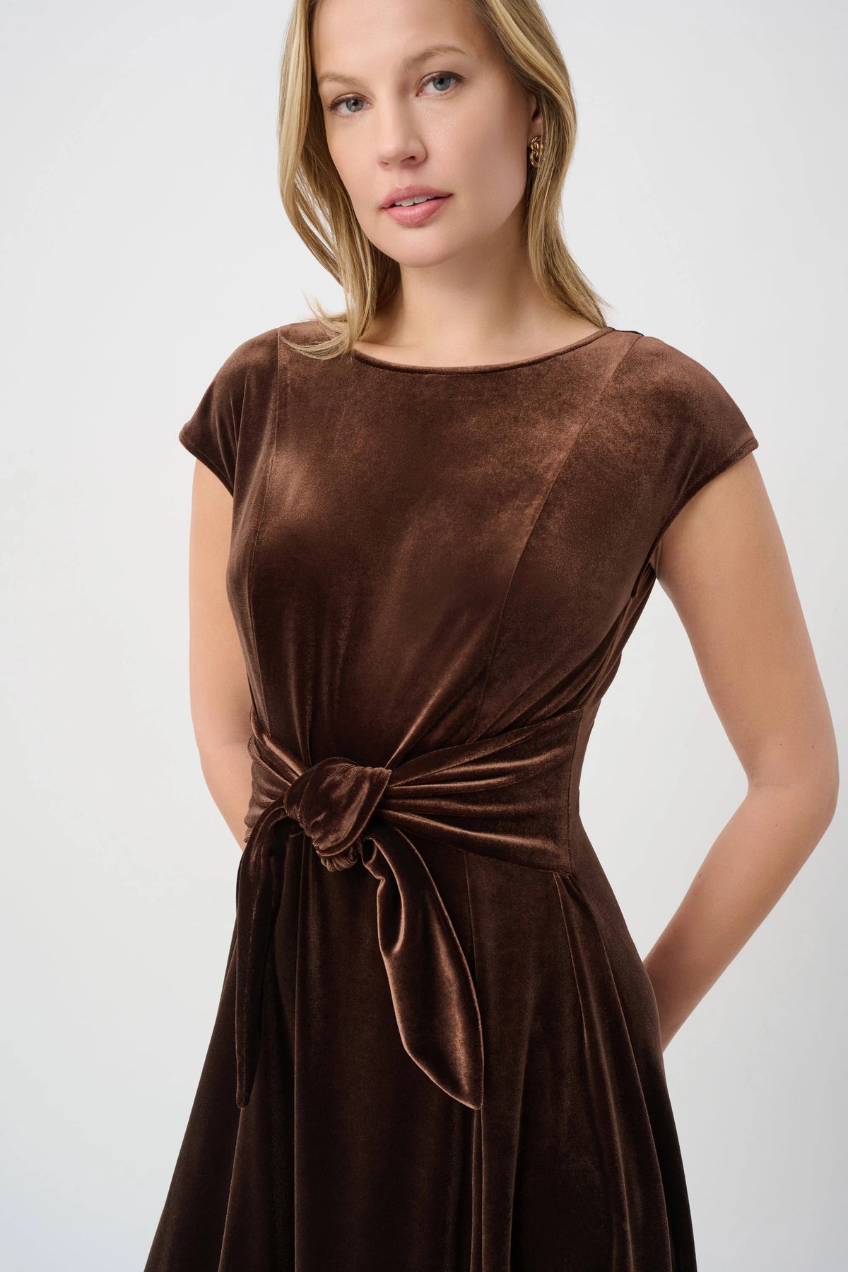 Joseph Ribkoff Mahogany Velvet Fit &amp; Flare Belted Dress