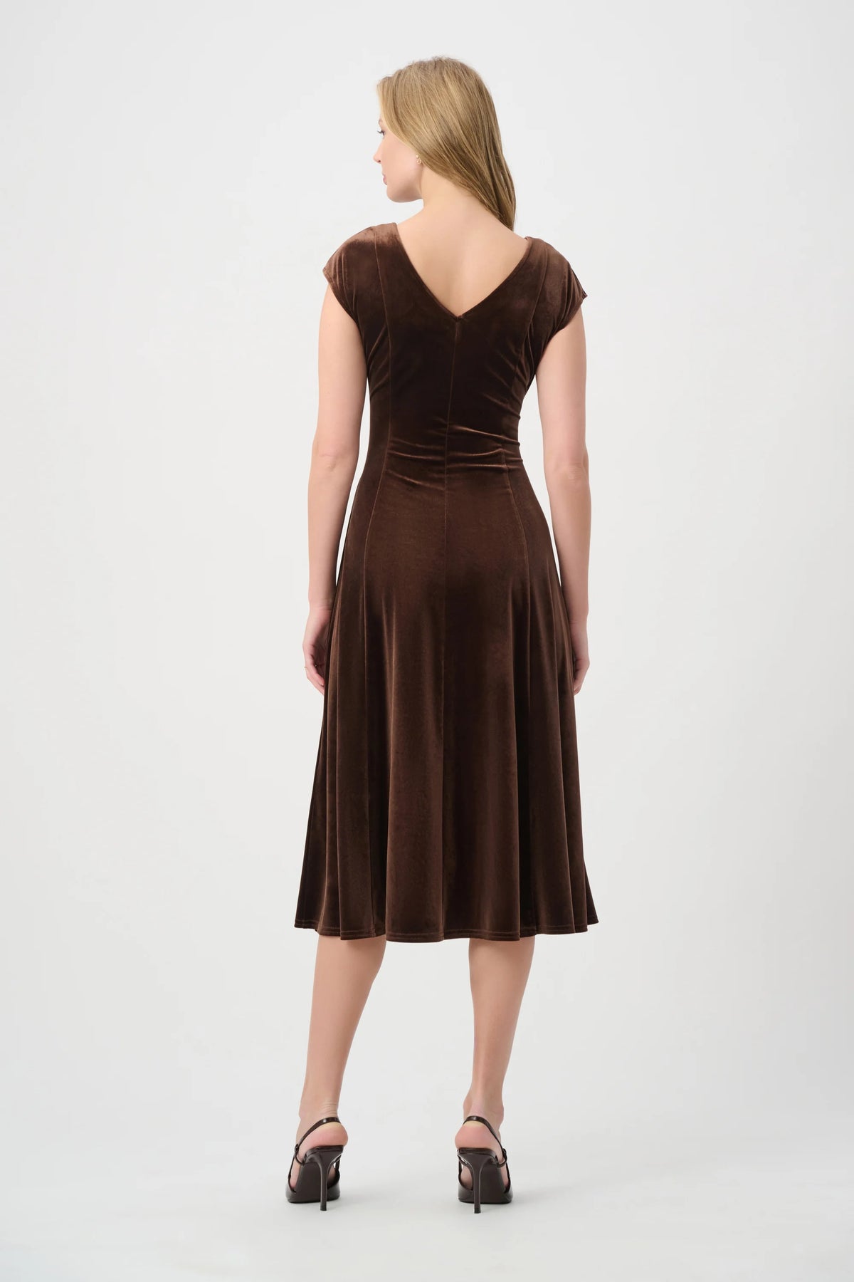 Joseph Ribkoff Mahogany Velvet Fit &amp; Flare Belted Dress