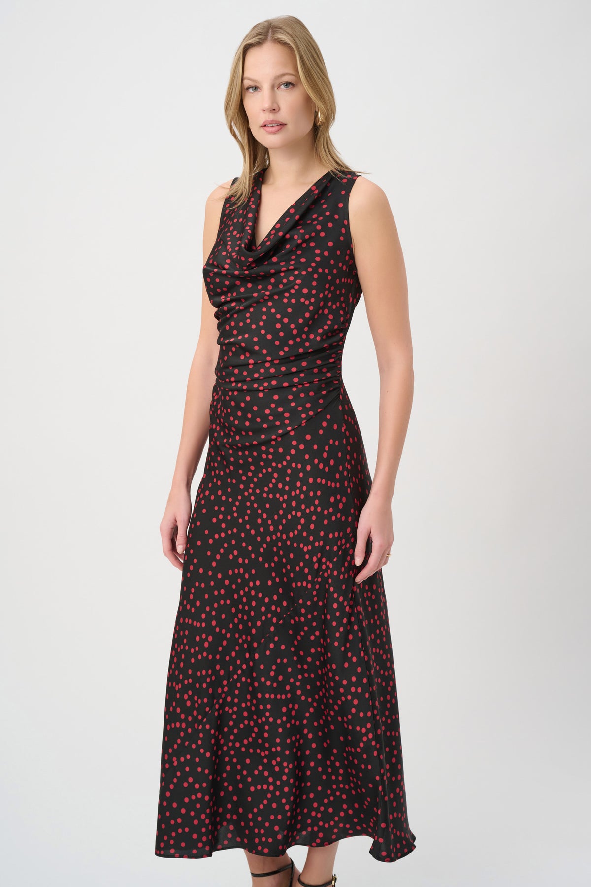 Joseph Ribkoff Black/Deep Cherry Polka Dot Recycled Satin A-Line Dress