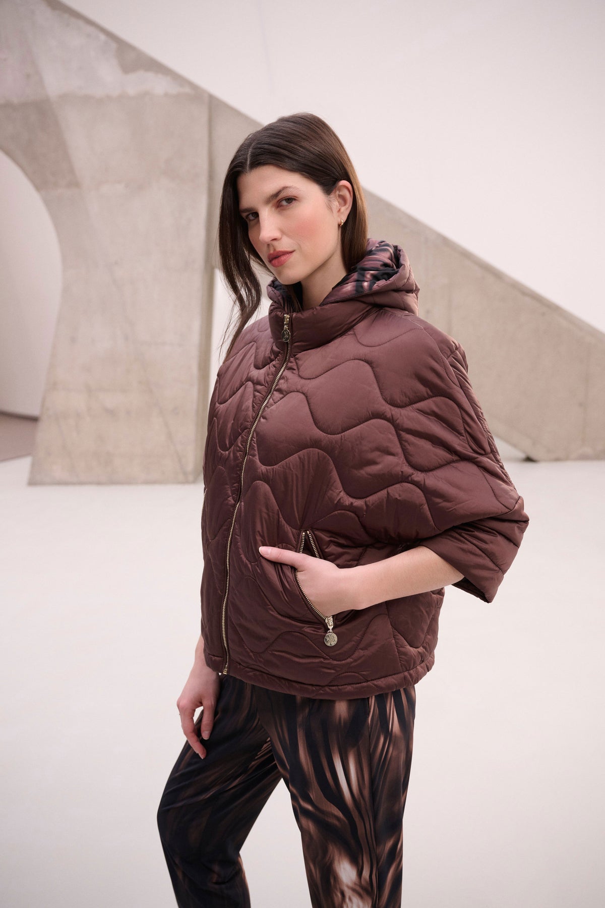 Joseph Ribkoff Mahogany Hooded Quilted Cocoon Jacket