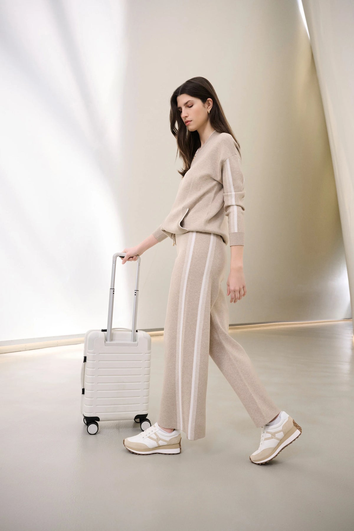Joseph Ribkoff Fawn Melange/Winter White Striped Wide Leg Sweater Pant