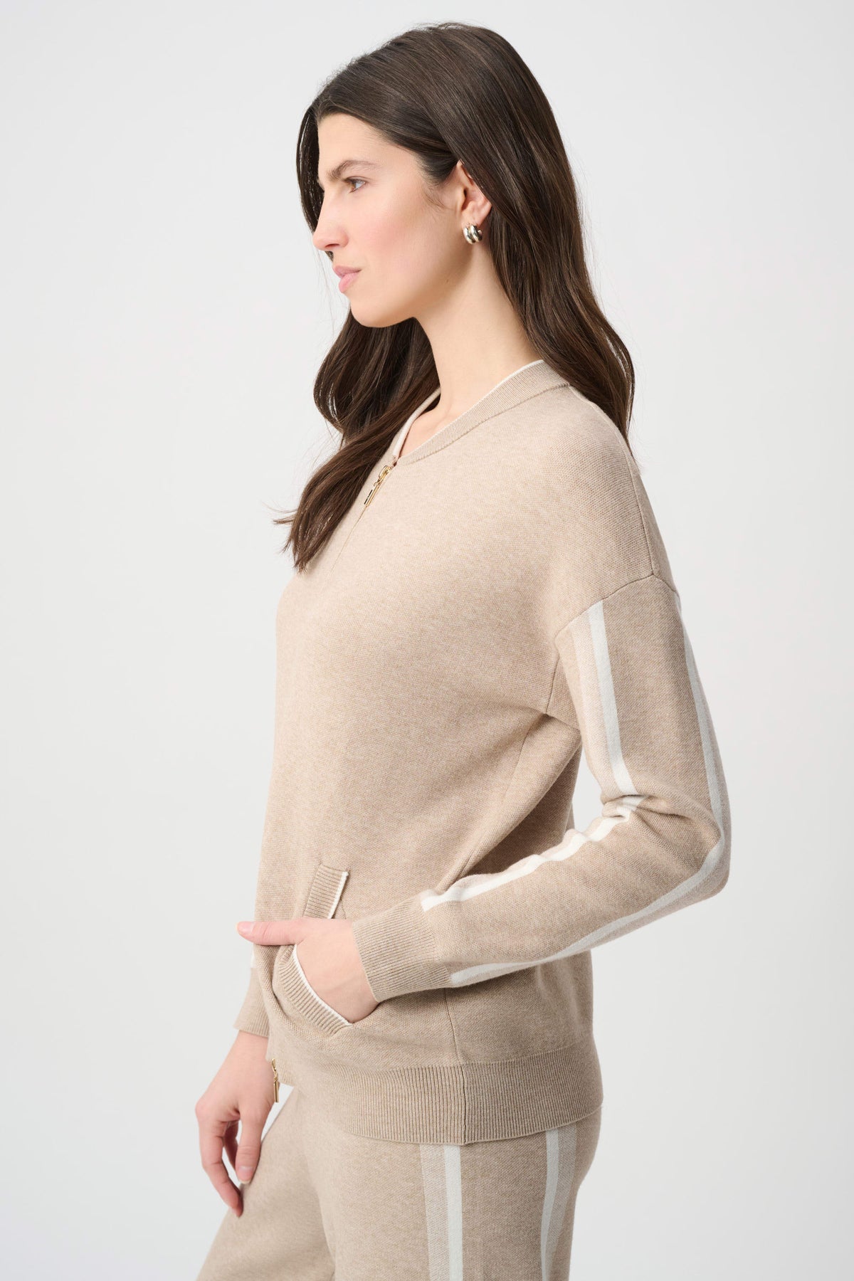 Joseph Ribkoff Fawn Melange/Winter White Striped Sleeve Bomber Jacket