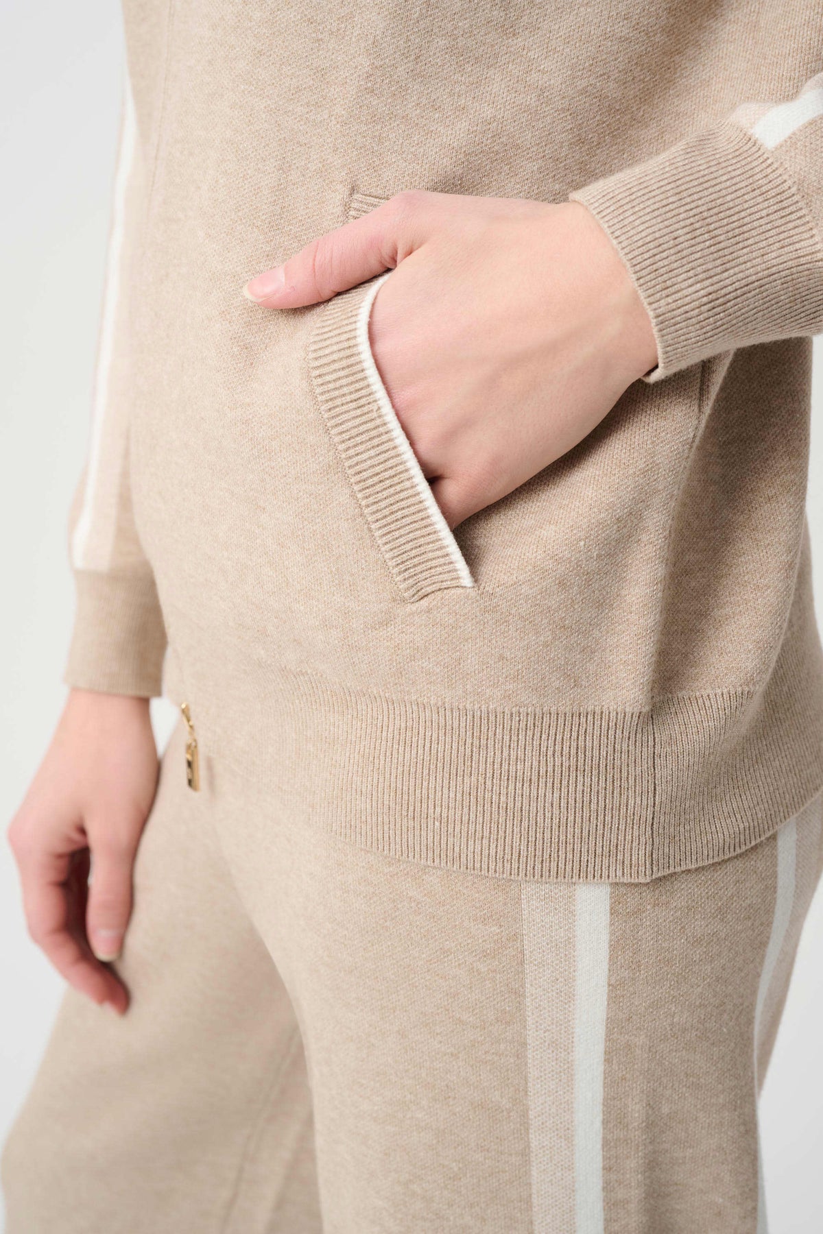 Joseph Ribkoff Fawn Melange/Winter White Striped Sleeve Bomber Jacket